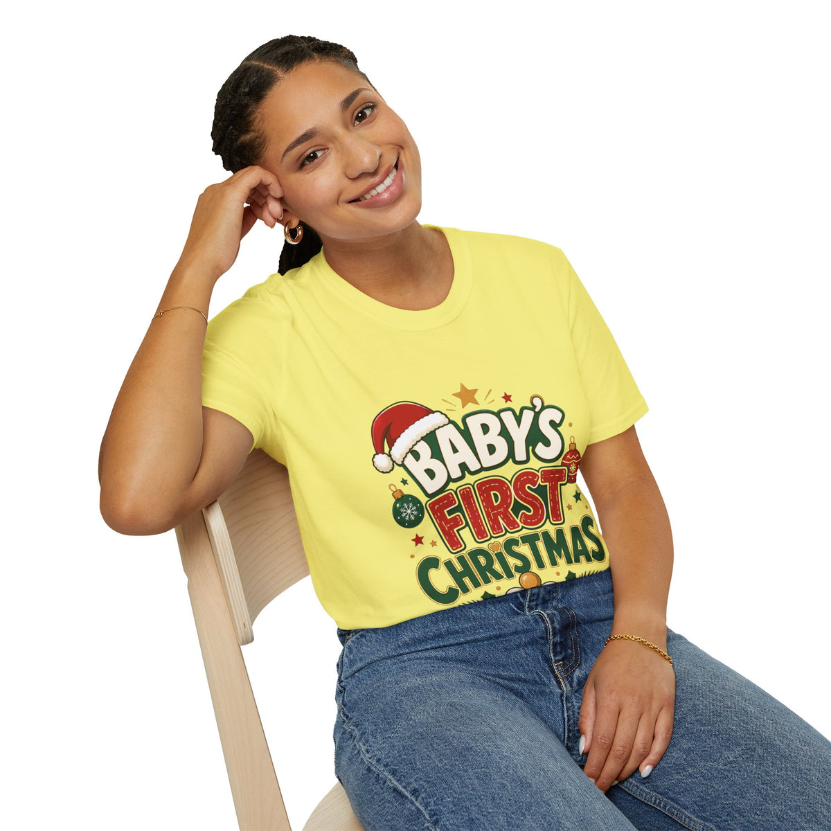 Baby's First Christmas T-Shirt — Festive Santa Hat & Ornaments Holiday Tee