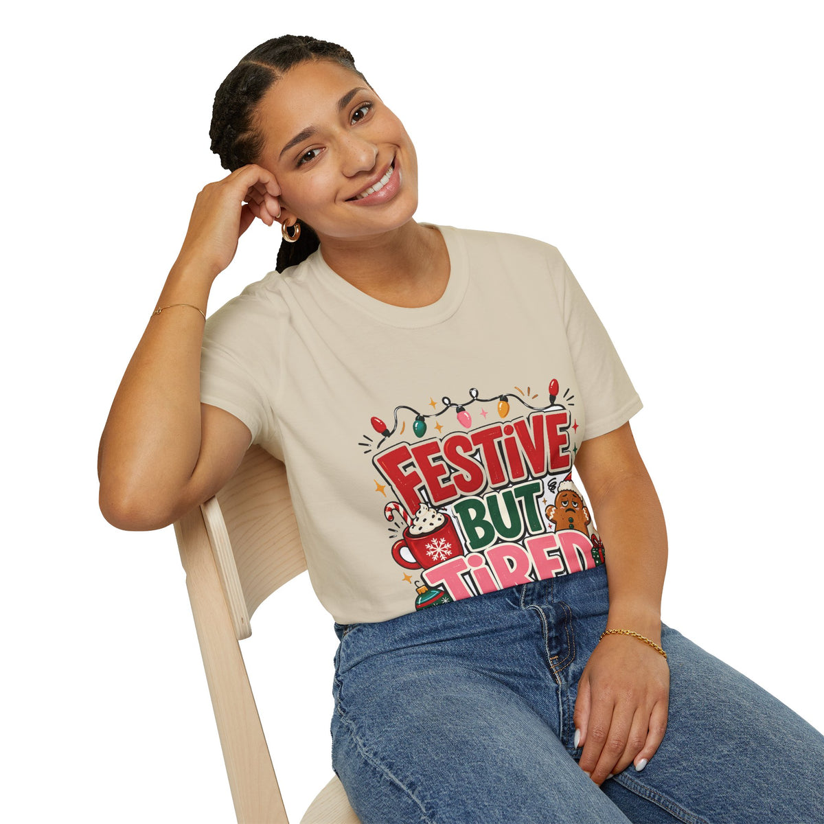 Festive But Tired T-Shirt — Holiday Christmas Crew Tee with Lights & Gingerbread