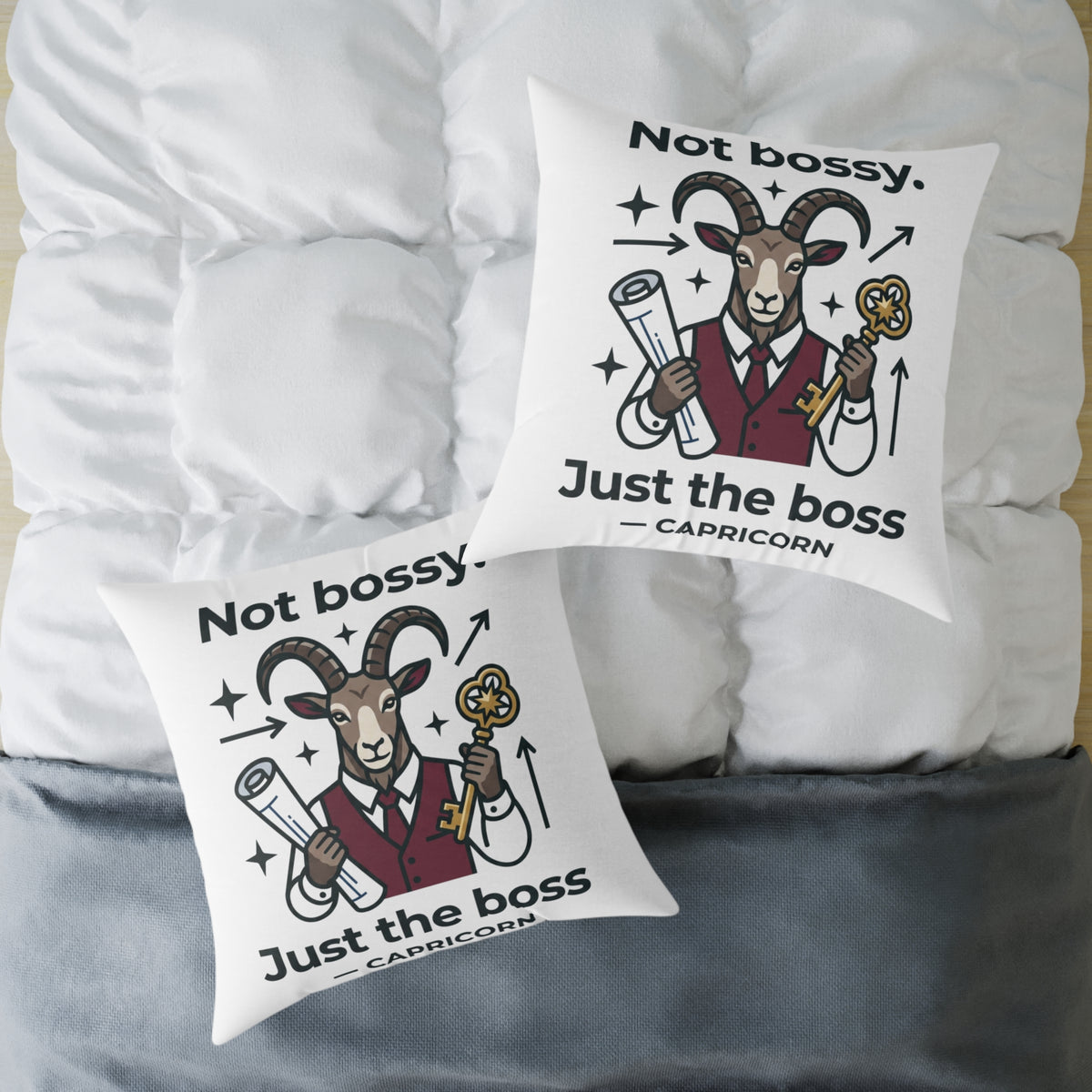 Capricorn Square Throw Pillow — “Not Bossy. Just the Boss” Goat Illustration