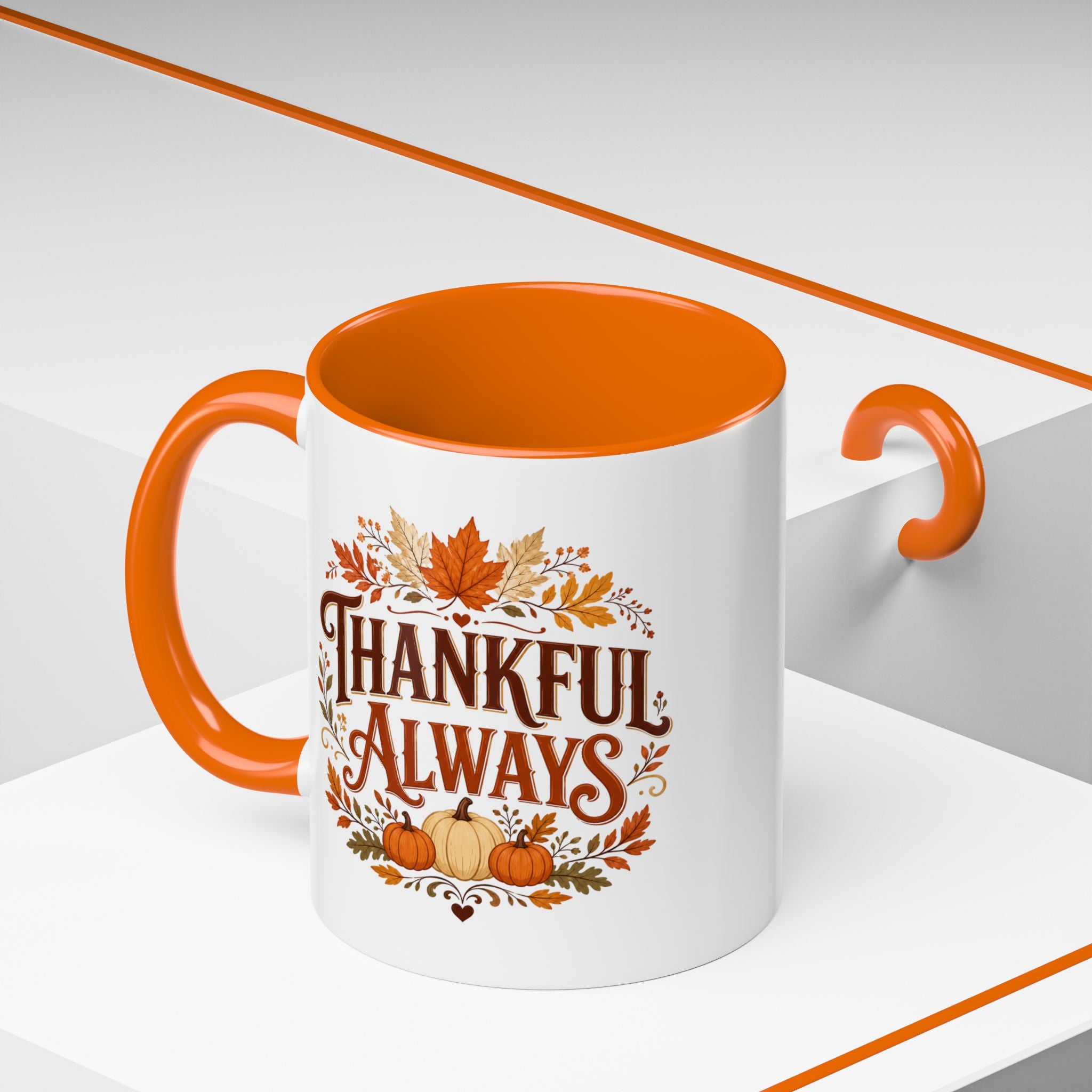 Thanksgiving Mug Thankful Always Accent Coffee Mug — Fall Pumpkin & Leaves Thanksgiving Gift