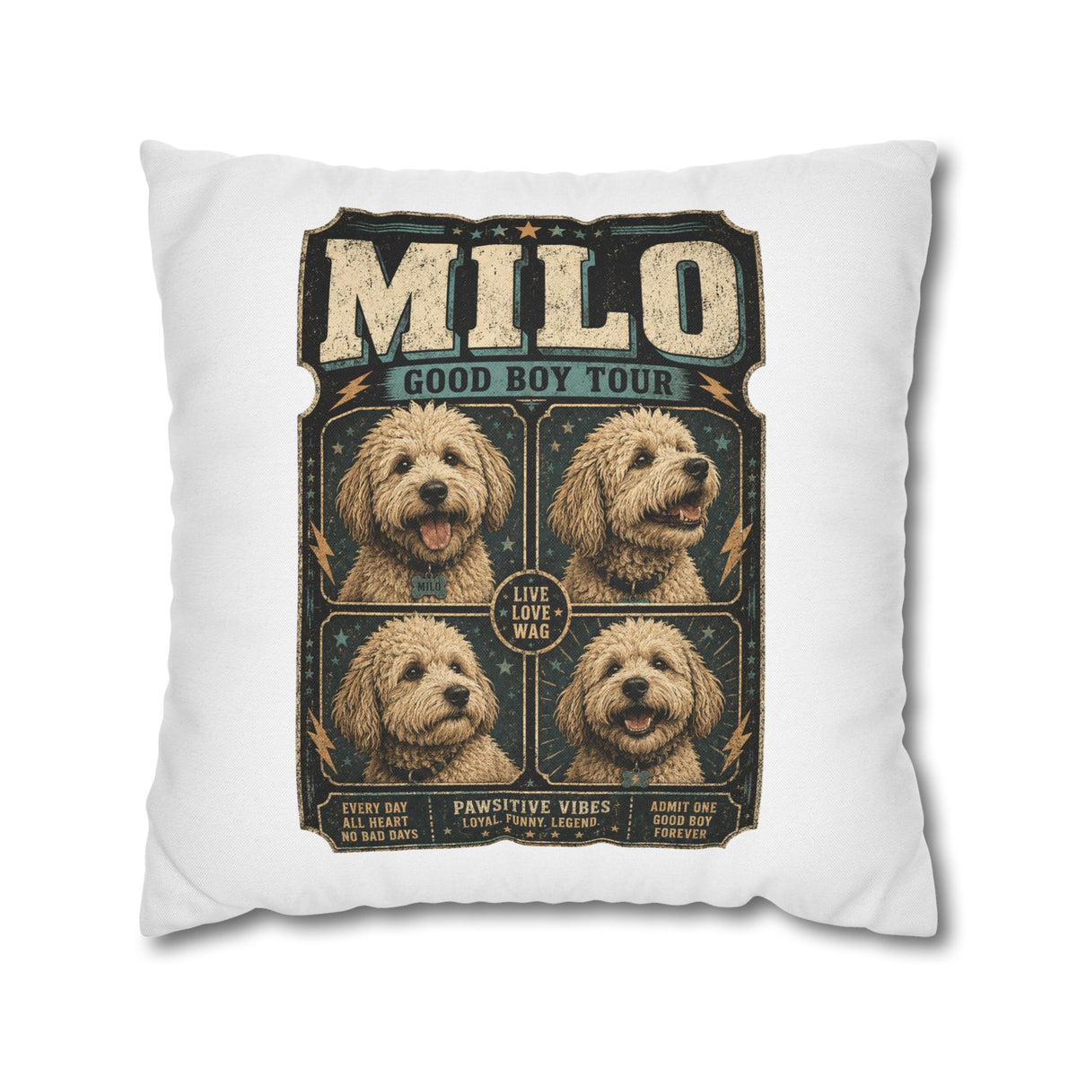 Milo "Good Boy Tour" Square Pillowcase — Cute Dog Portrait Decorative Pillowcase Milo Bailey Dog Dad Mom
