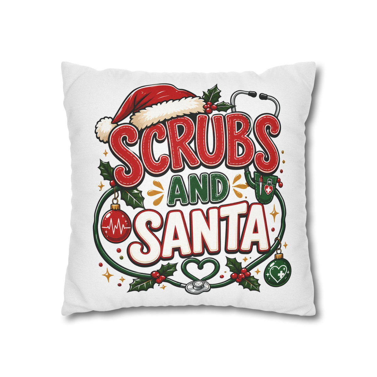 Christmas Scrubs and Santa Holiday Pillowcase – Christmas Nurse Decorative Throw Pillow Cover