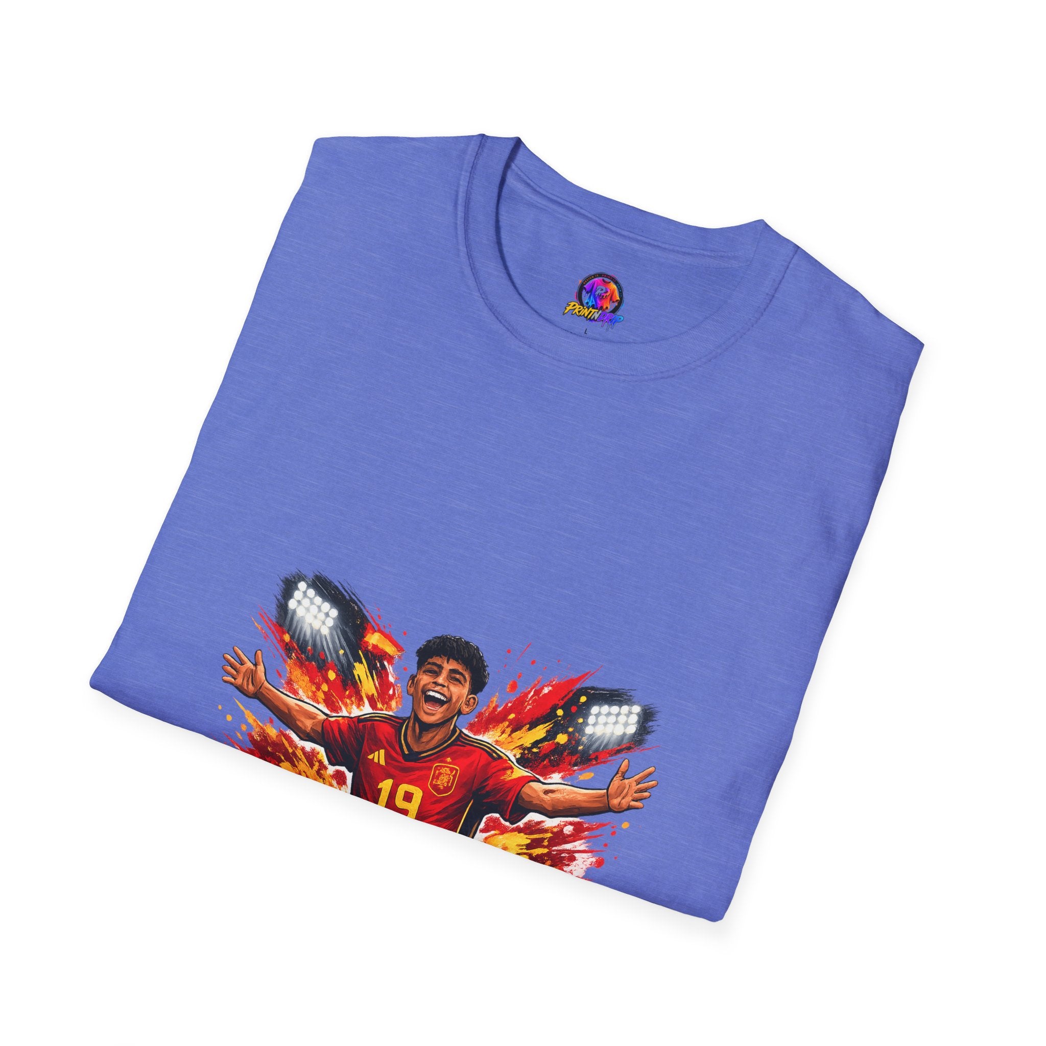 Spain Soccer Fan Portrait T‑Shirt – Fiery Goal Celebration Design