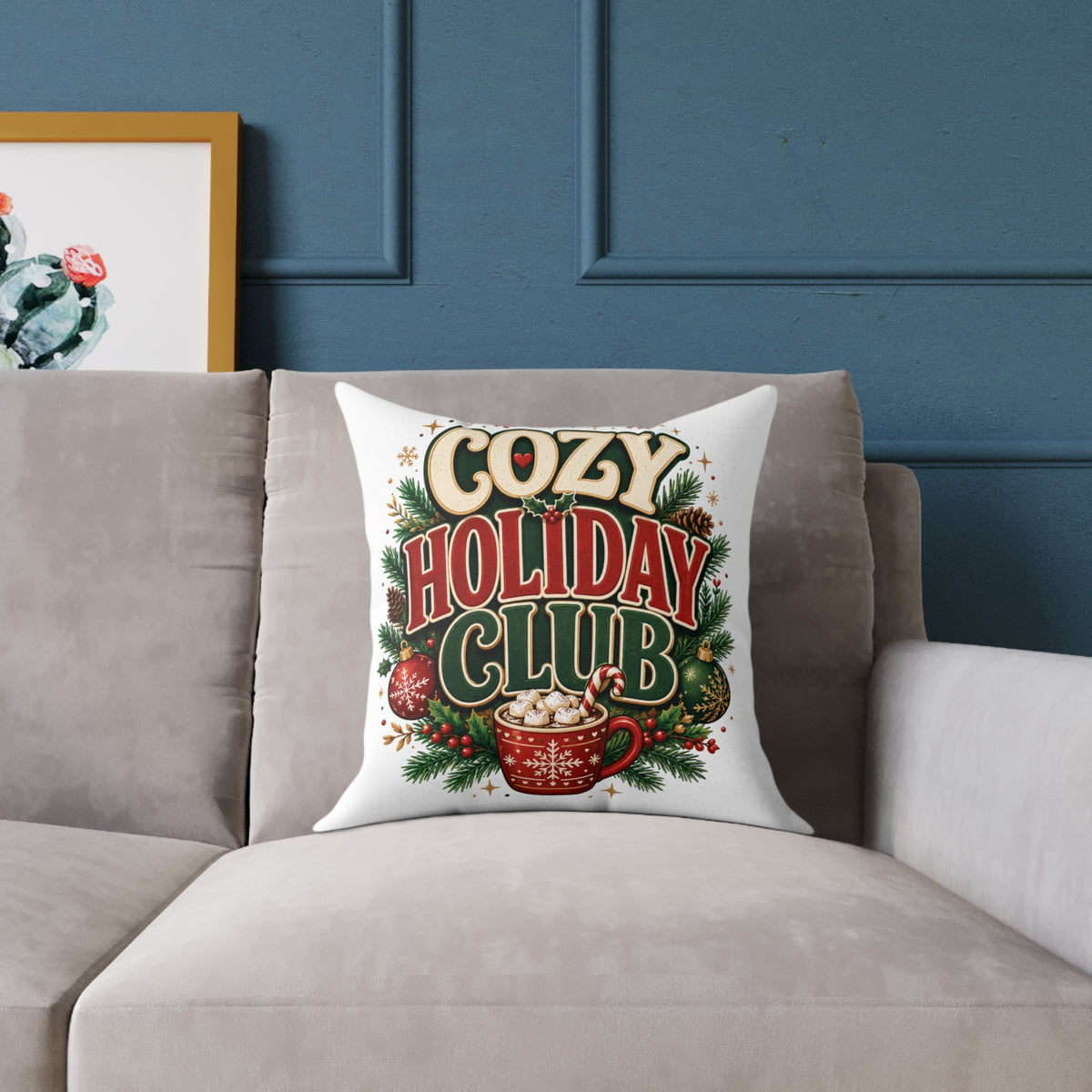 Christmas Cozy Holiday Club Throw Pillow – Festive Christmas Cocoa Decorative Cushion