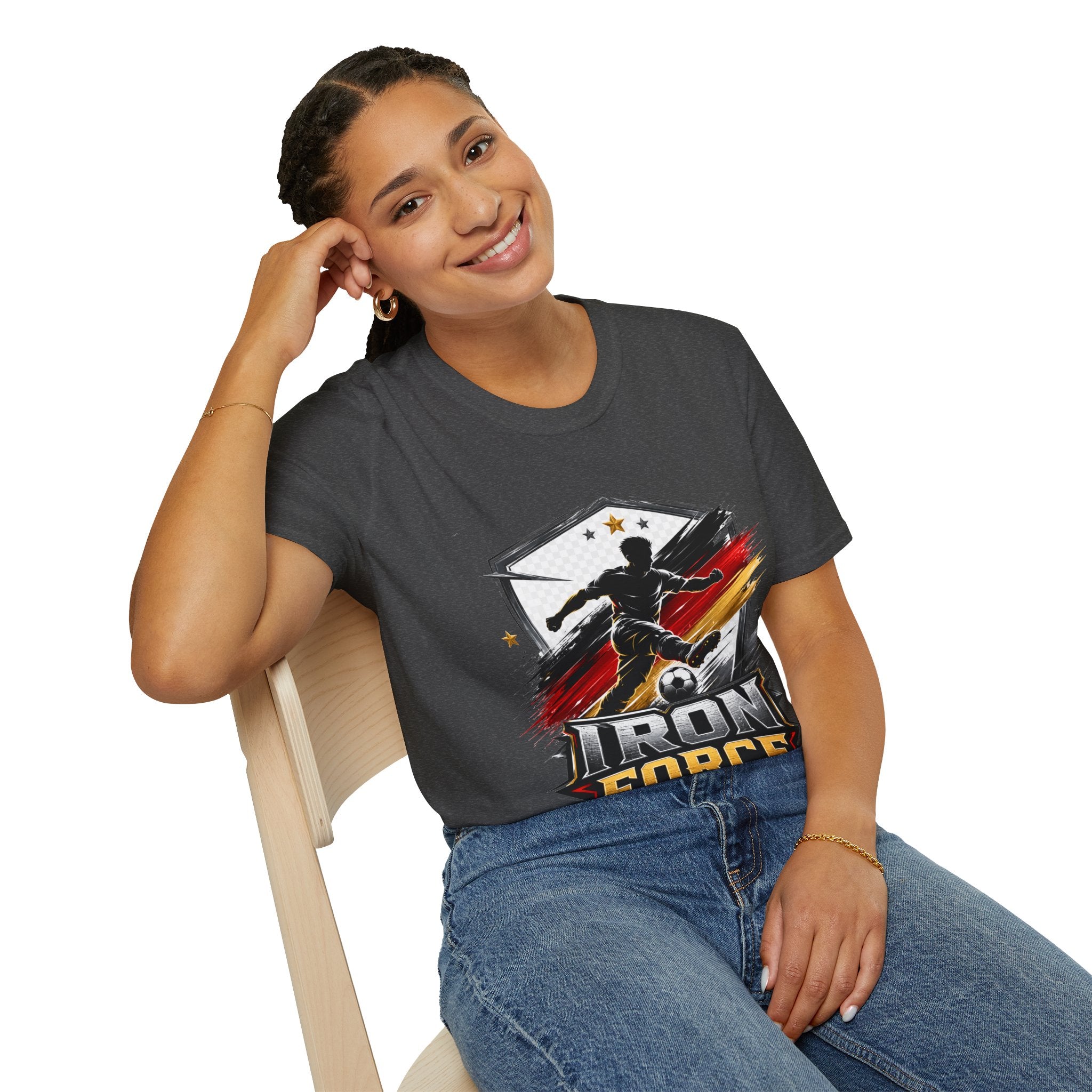 Germany Soccer 'Iron Force' Graphic T-Shirt — Player Silhouette with Red & Gold Brushstroke Emblem