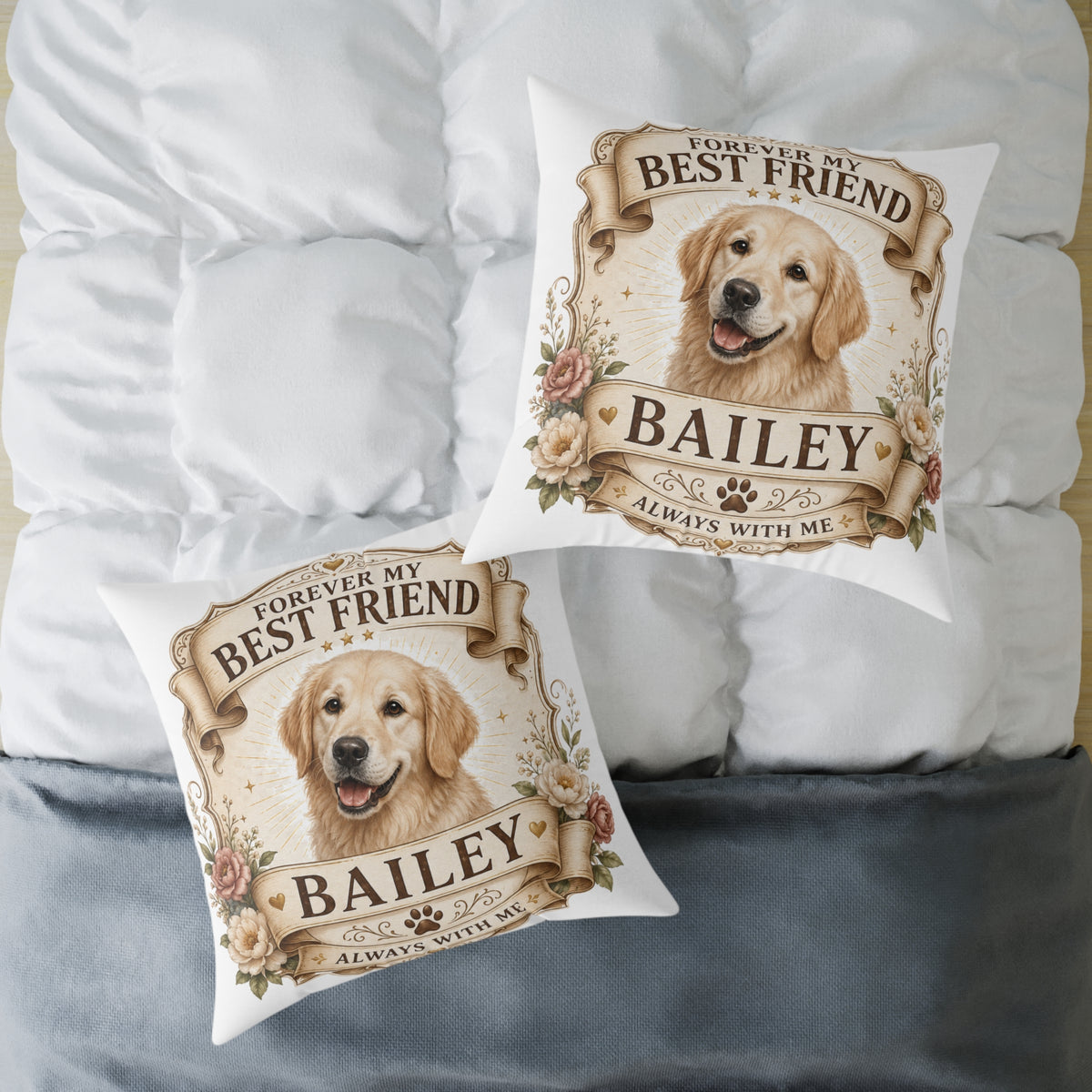 Forever My Best Friend Personalized Dog Milo Bailey Dog Dad Mom Pillow — Golden Retriever Name Cushion (Bailey)