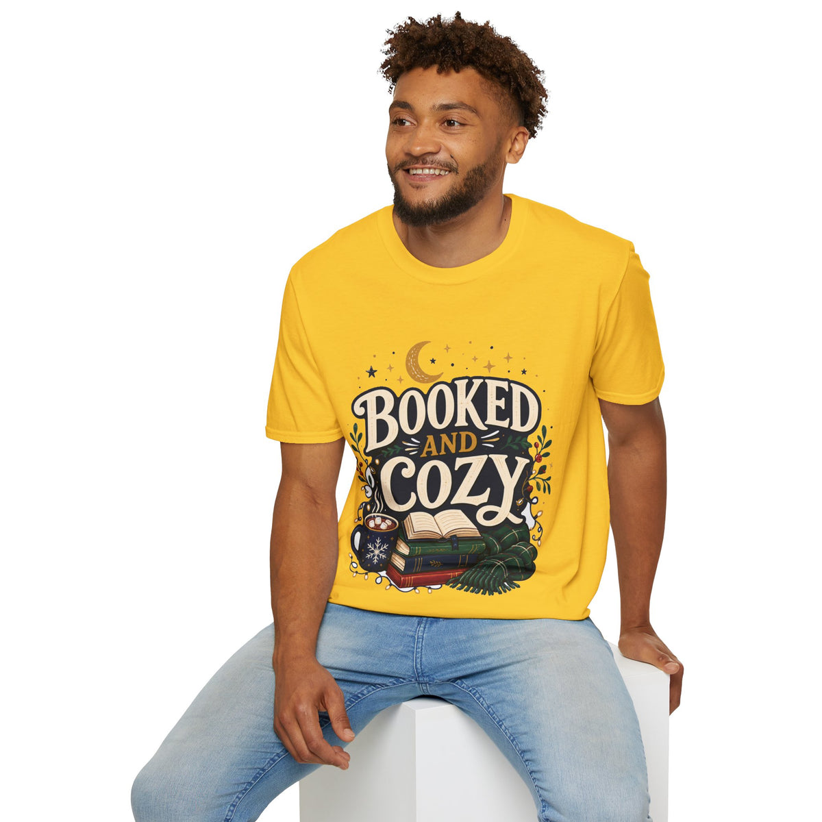 Booked and Cozy T-Shirt — Cozy Reading Graphic Tee (Books, Moon & Stars)