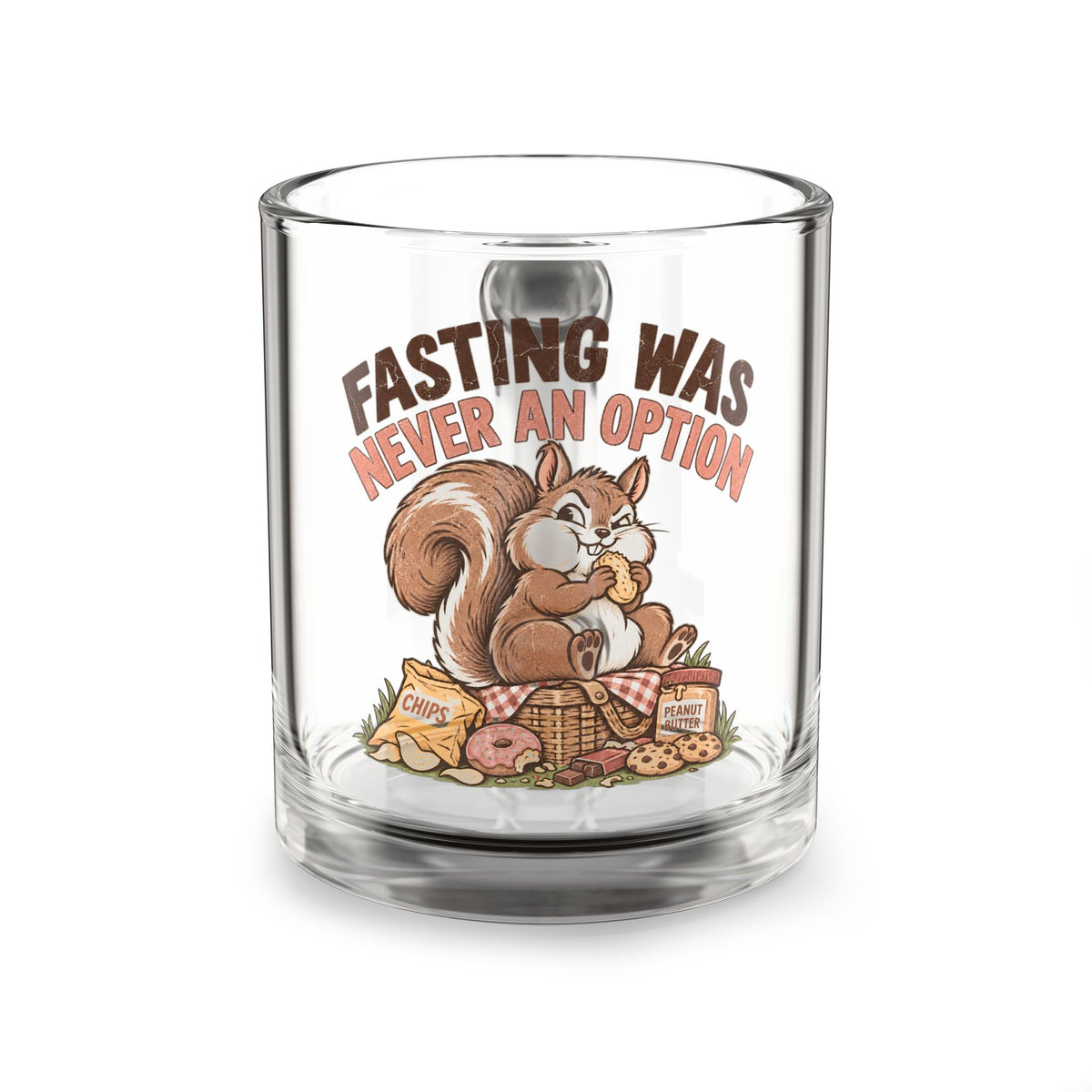 Glass Mug —Funny  “Fasting Was Never An Option” Squirrel Coffee Mug, Cute Snack Lover Gift