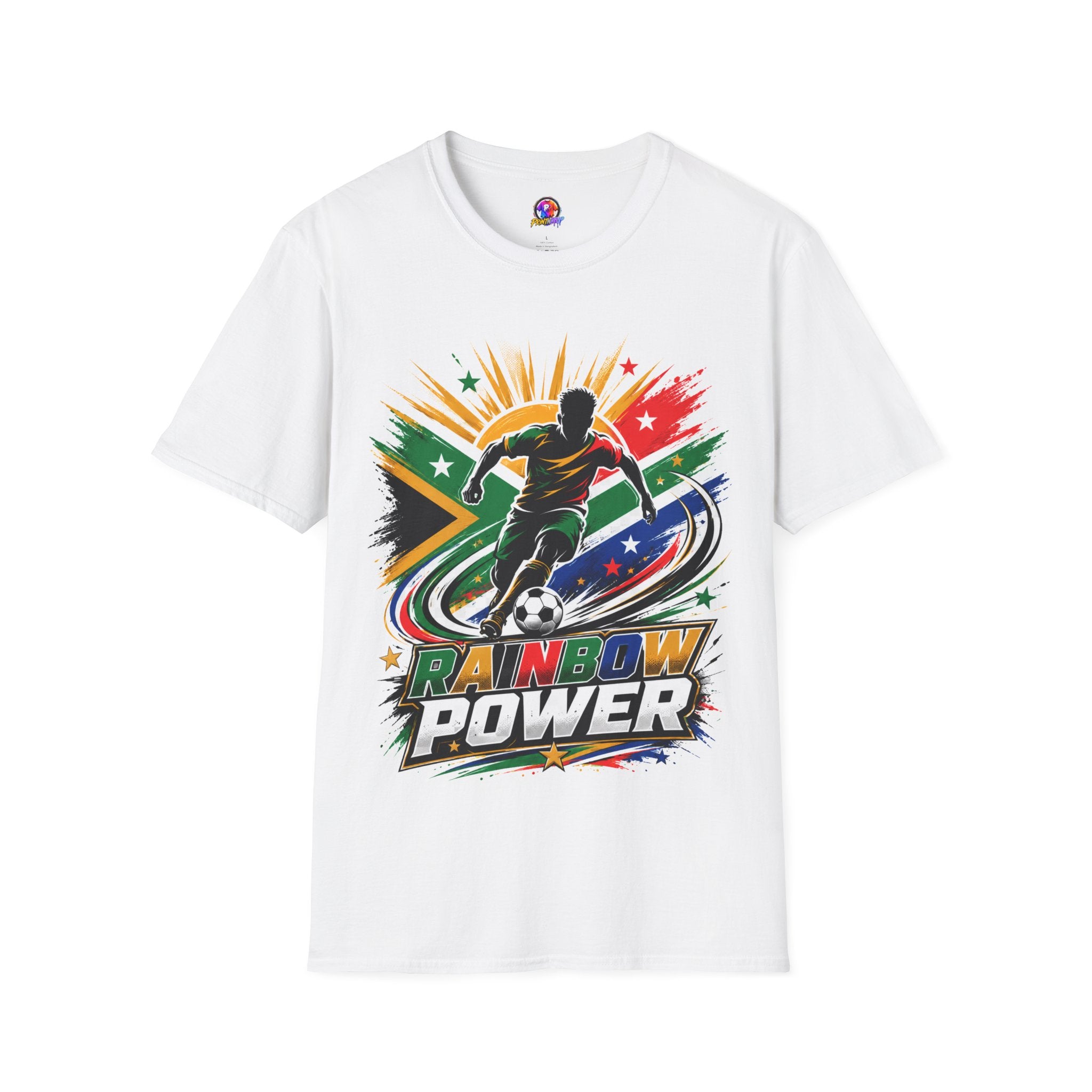 South Africa Soccer Rainbow Power T-Shirt — Colorful Football Player Graphic Tee