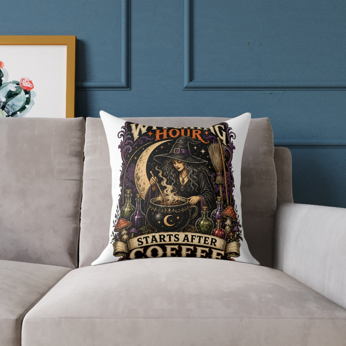 Halloween Witching Hour Pillow — 'Witching Hour Starts After Coffee' Gothic Witch Decorative Cushion