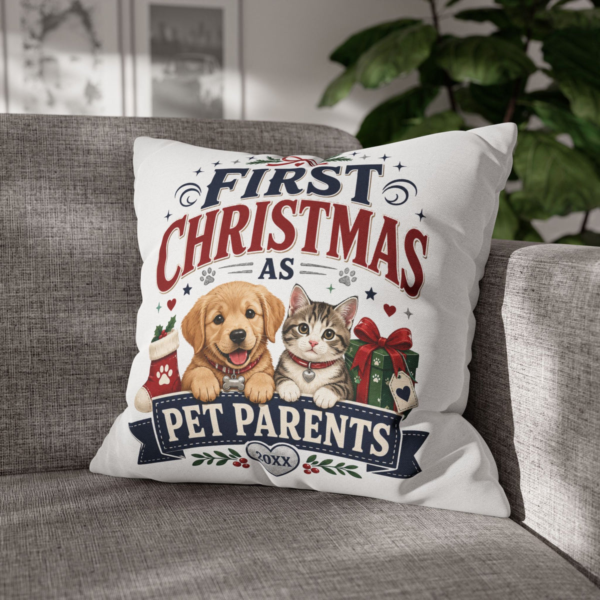 First Christmas as Pet Parents Pillowcase — Dog & Cat Holiday Throw Pillowcase