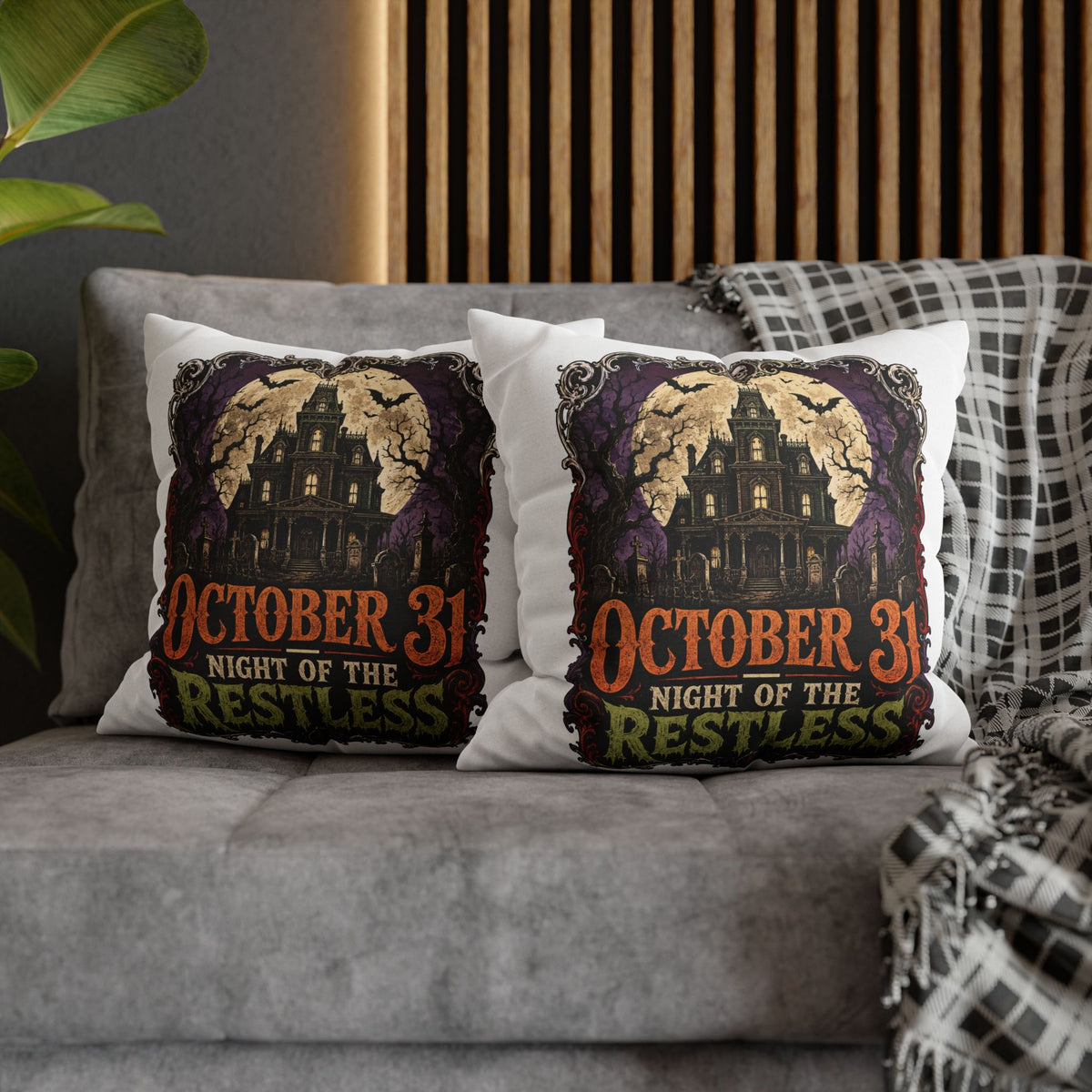 Halloween Pillowcase — "October 31 Night of the Restless" Haunted House Throw Pillow