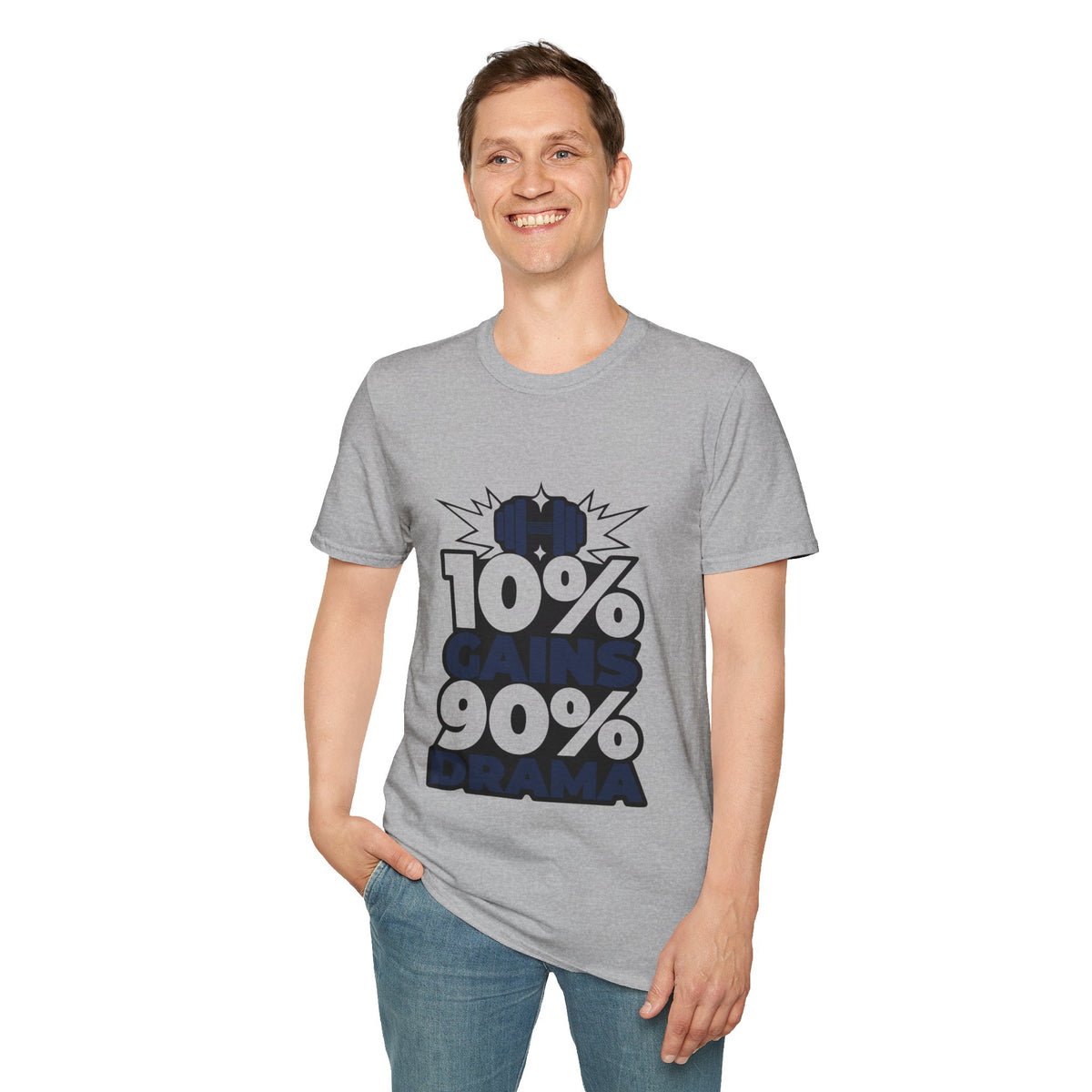 10% Gains 90% Drama Blue Kettlebell T-Shirt - Y2K Stacked Font Gym Tee - Trending Now - September 2026