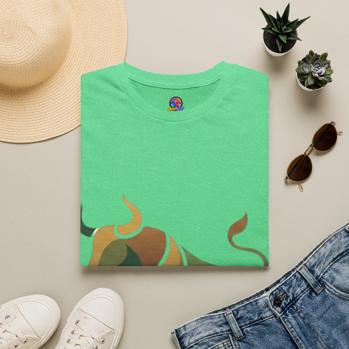 Bull Graphic T-Shirt — Earth Tone Geometric Taurus Design