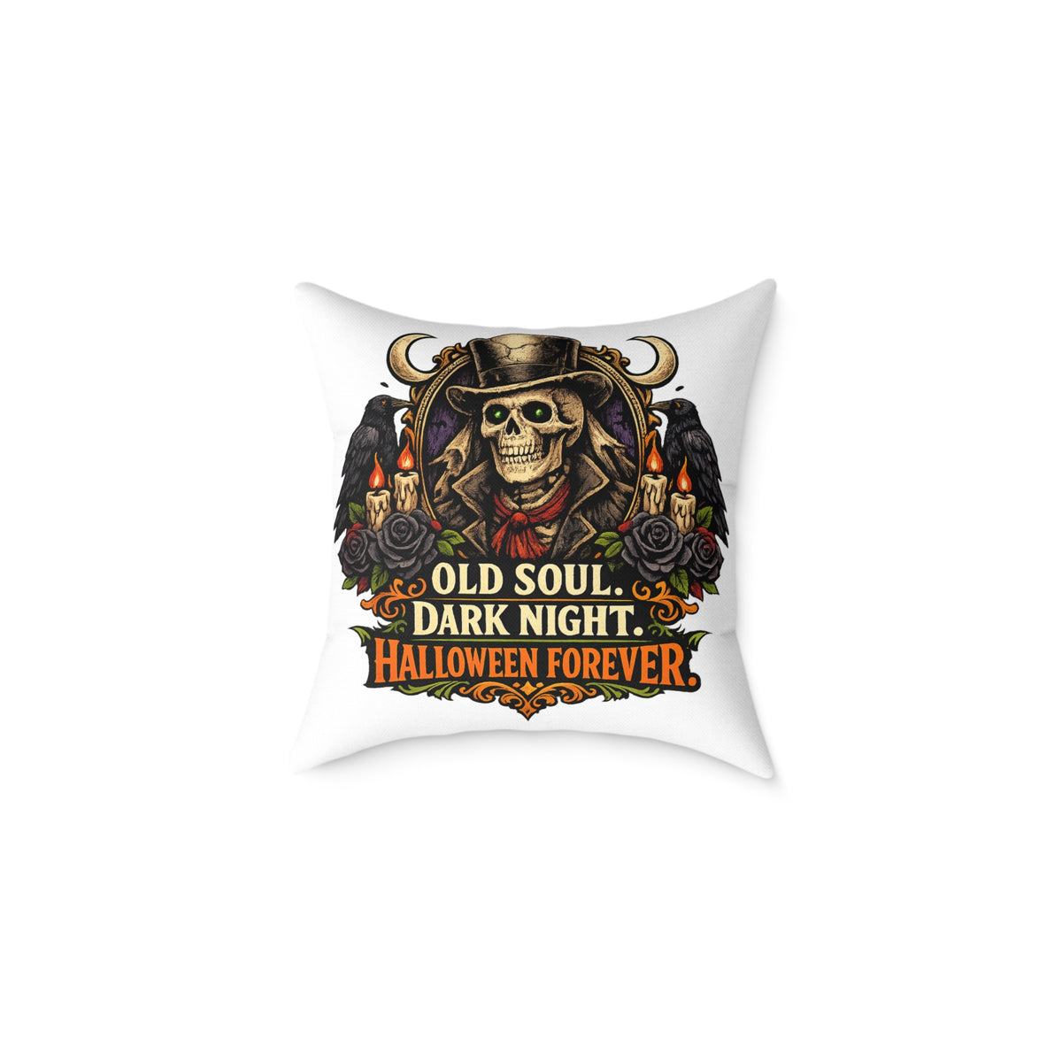 Halloween Skeleton Pillow - "Old Soul, Dark Night. Halloween Forever" Square Decorative Cushion