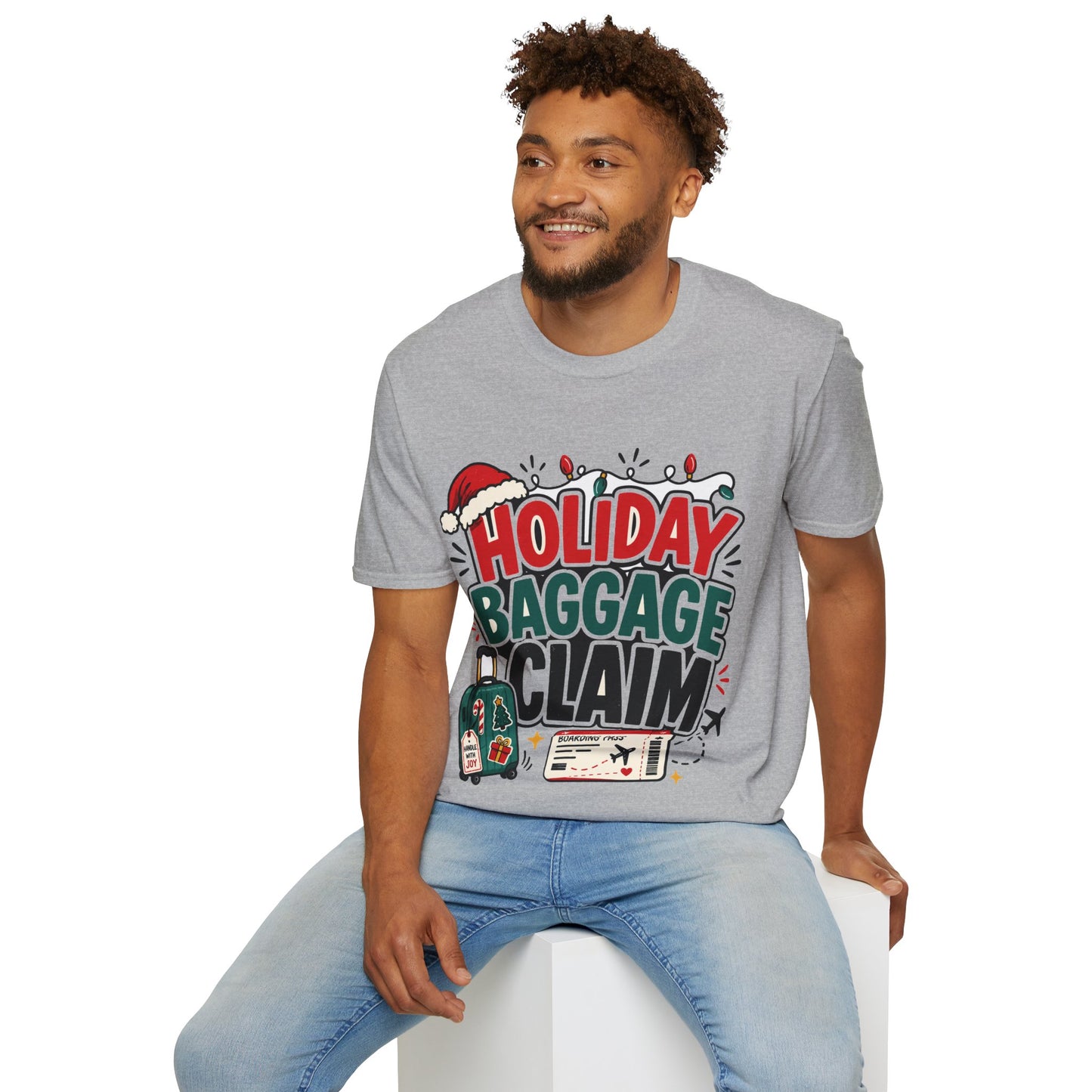 Holiday Baggage Claim T-Shirt — Funny Christmas Vacation Tee with Santa Hat & Lights