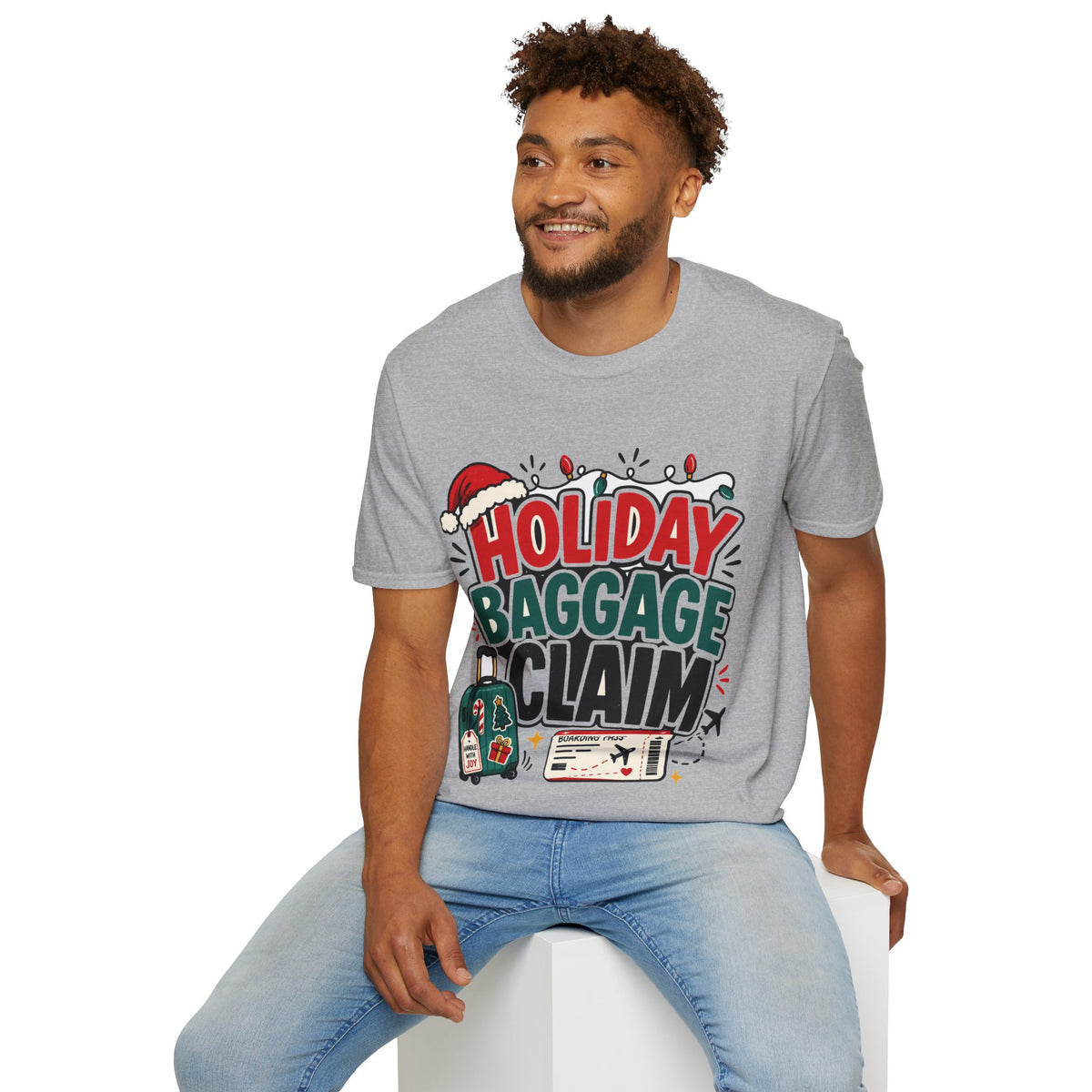 Holiday Baggage Claim T-Shirt — Funny Christmas Vacation Tee with Santa Hat & Lights