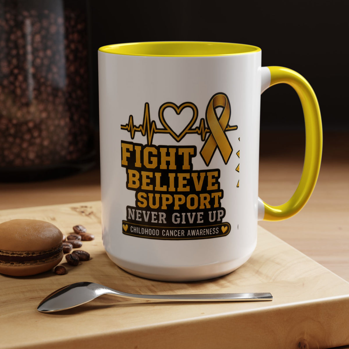 Childhood Cancer Awareness Accent Coffee Mug — "Fight Believe Support" 11/15oz