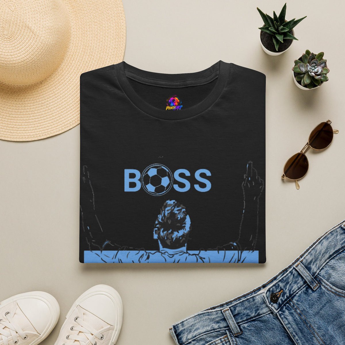 Soccer Boss T‑Shirt — 'BOSS' Striped Football Player Graphic Tee