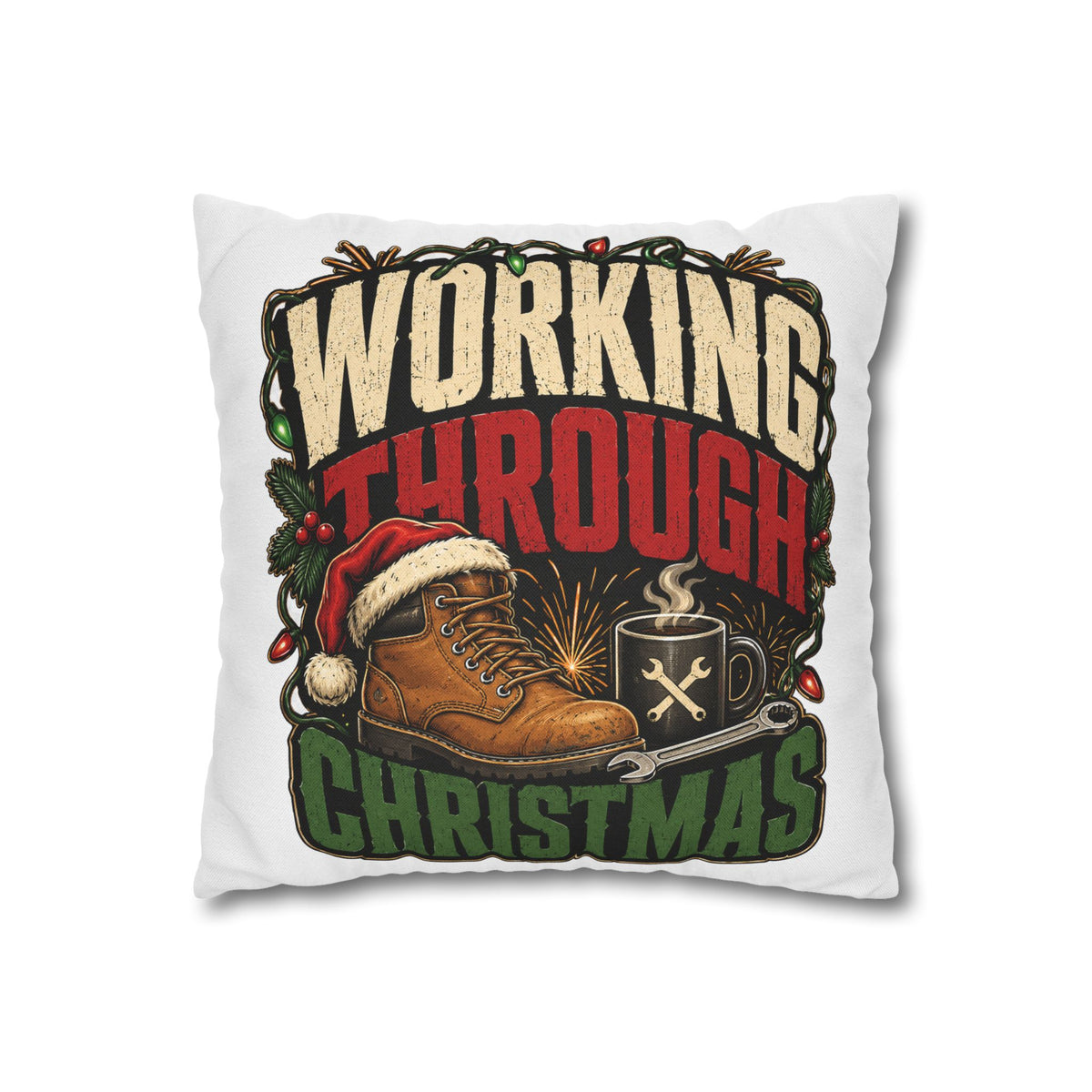 Christmas Work Boots Pillowcase Modern Day Christmas  – "Working Through Christmas" Holiday Throw Pillow Cover