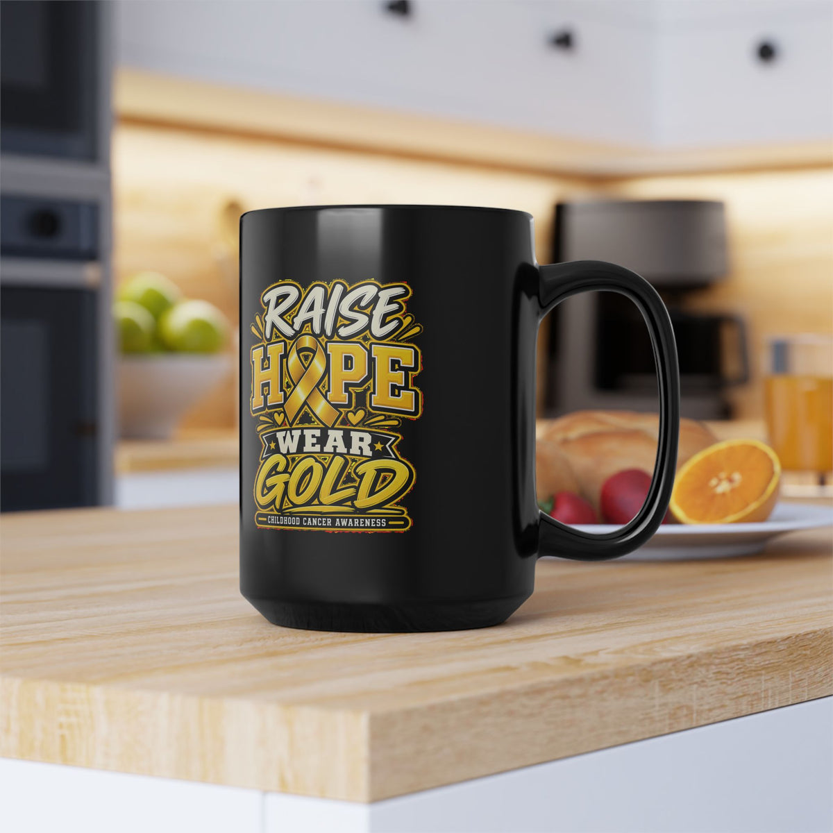 Raise Hope Wear Gold Childhood Cancer Awareness Mug (Black)