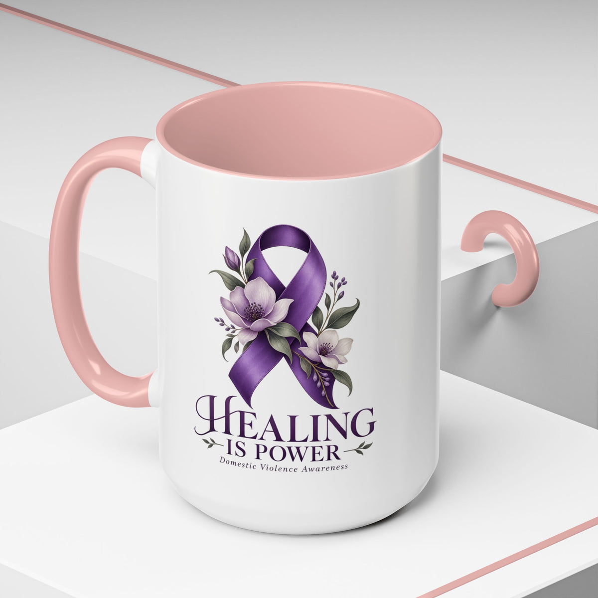 Healing Is Power Purple Ribbon Coffee Mug — Domestic Violence Awareness Accent Mug (11/15oz)
