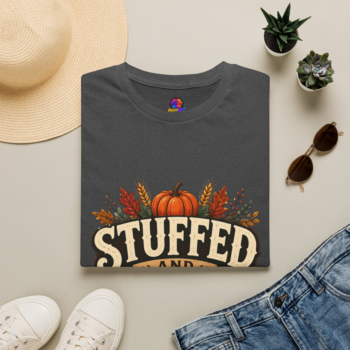 Thanksgiving T-Shirt Stuffed and Thankful T-Shirt — Thanksgiving Pumpkin Fall Graphic Tee