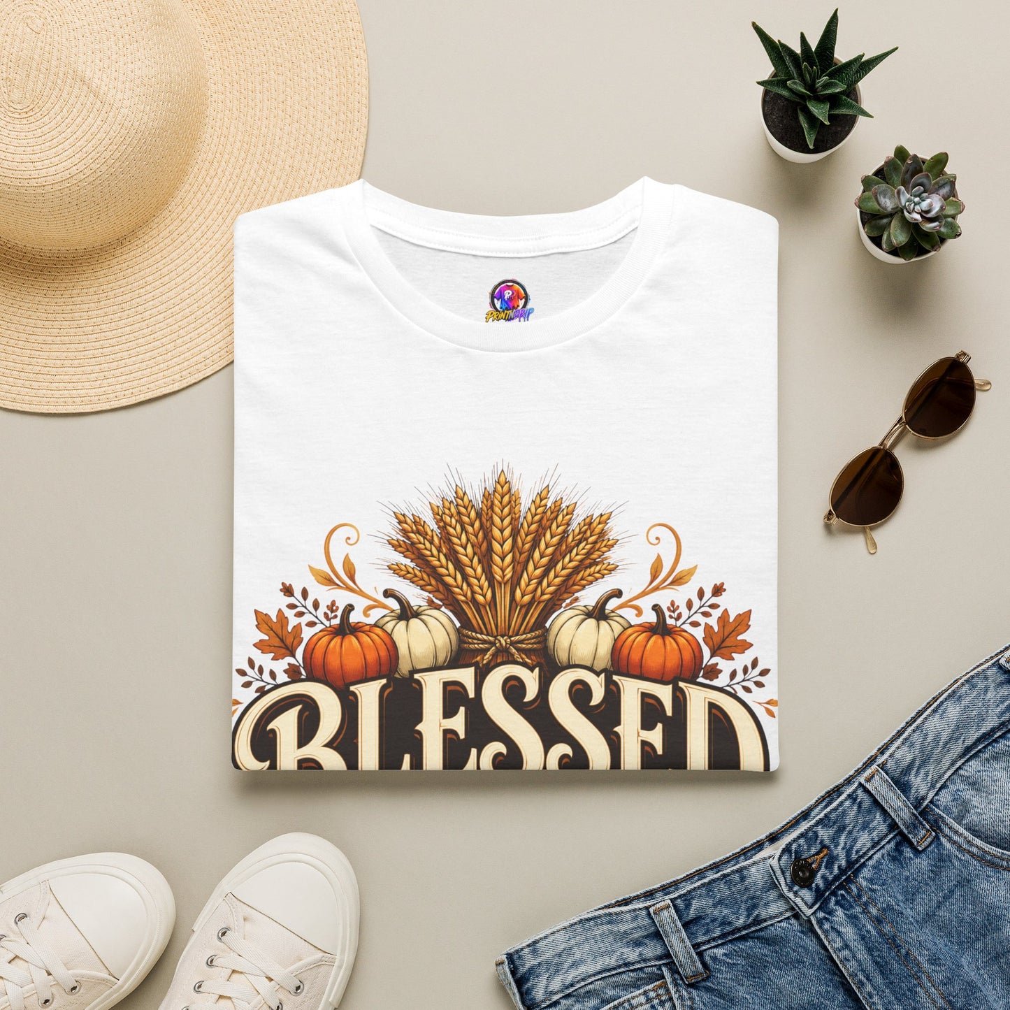 Blessed Beyond Measure T-Shirt — Fall Harvest Pumpkin & Wheat Tee