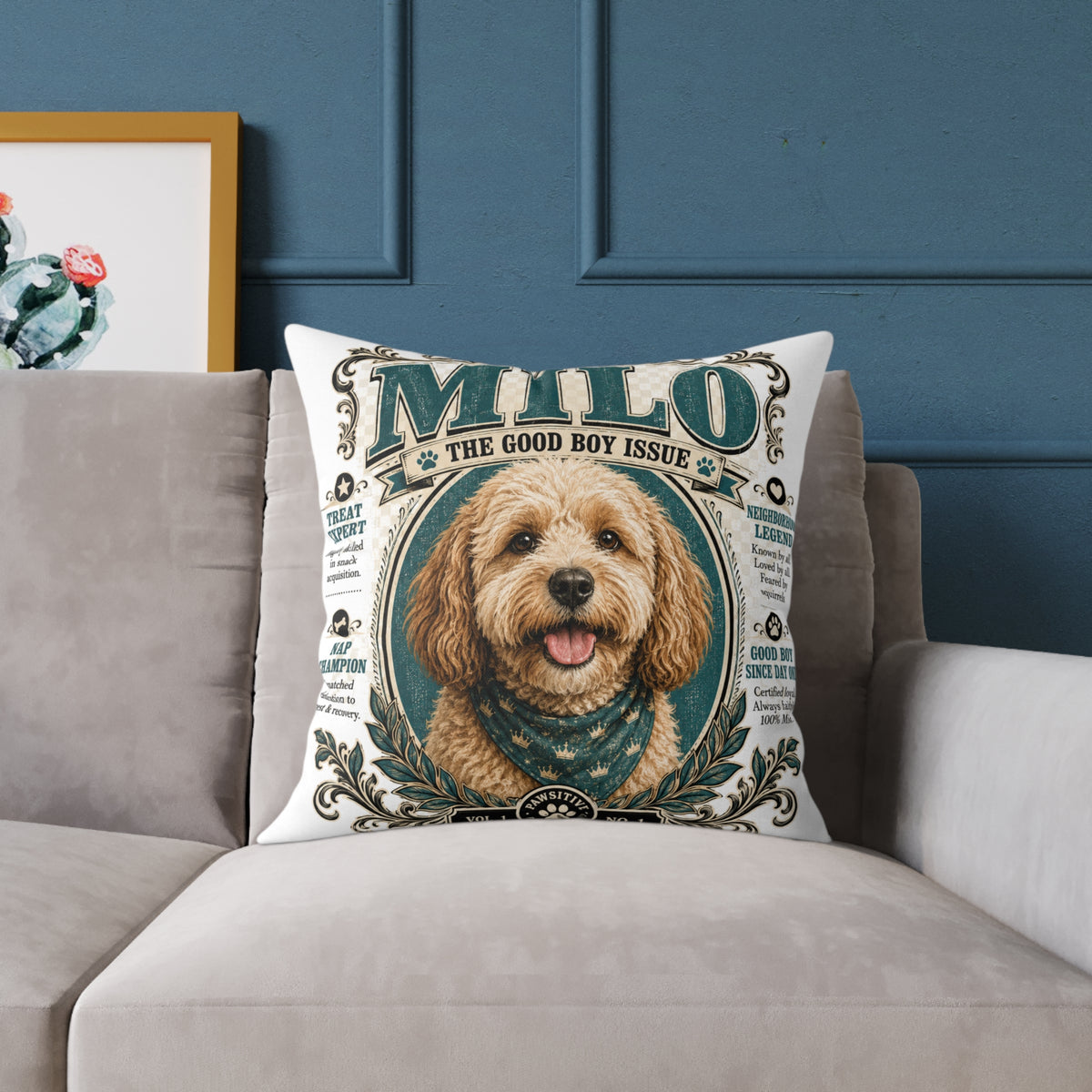Personalized Dog Pillow - "Milo The Good Boy Issue" Decorative Pet Portrait Cushion  Milo Bailey Dog Dad Mom