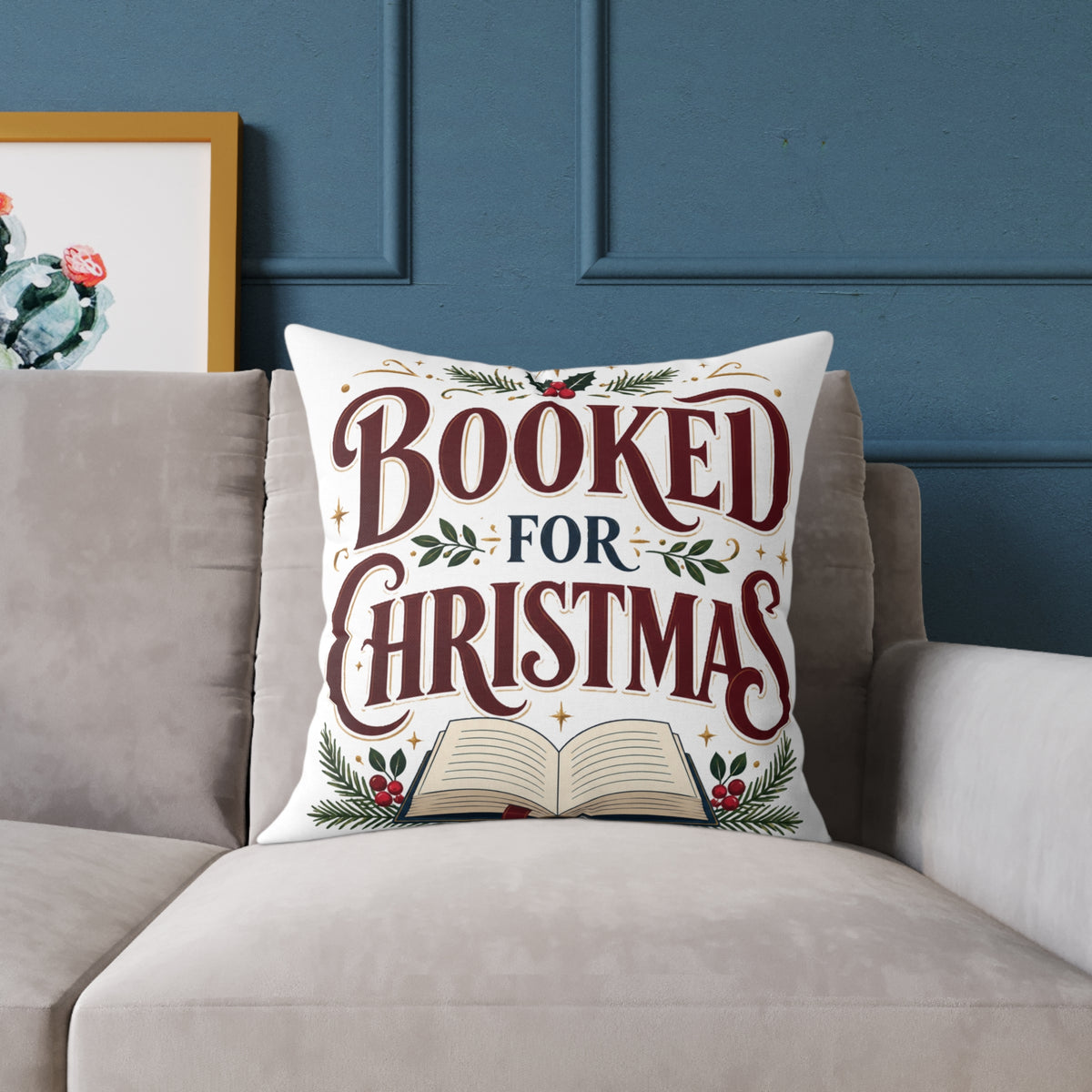 Christmas Book Lover Pillow — "Booked for Christmas" Decorative Throw Pillow