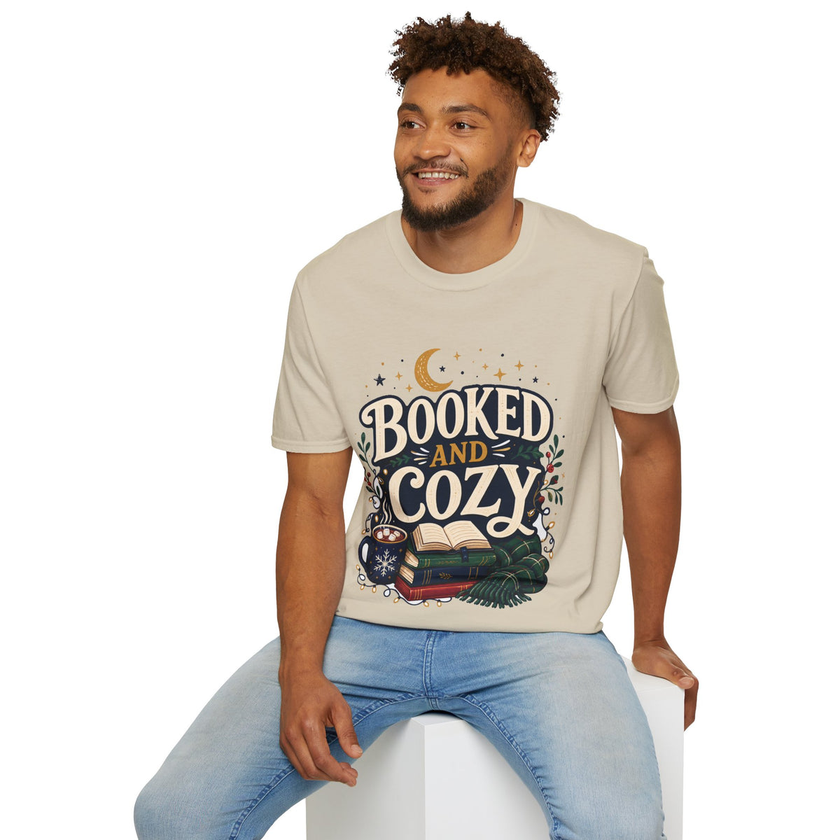 Booked and Cozy T-Shirt — Cozy Reading Graphic Tee (Books, Moon & Stars)