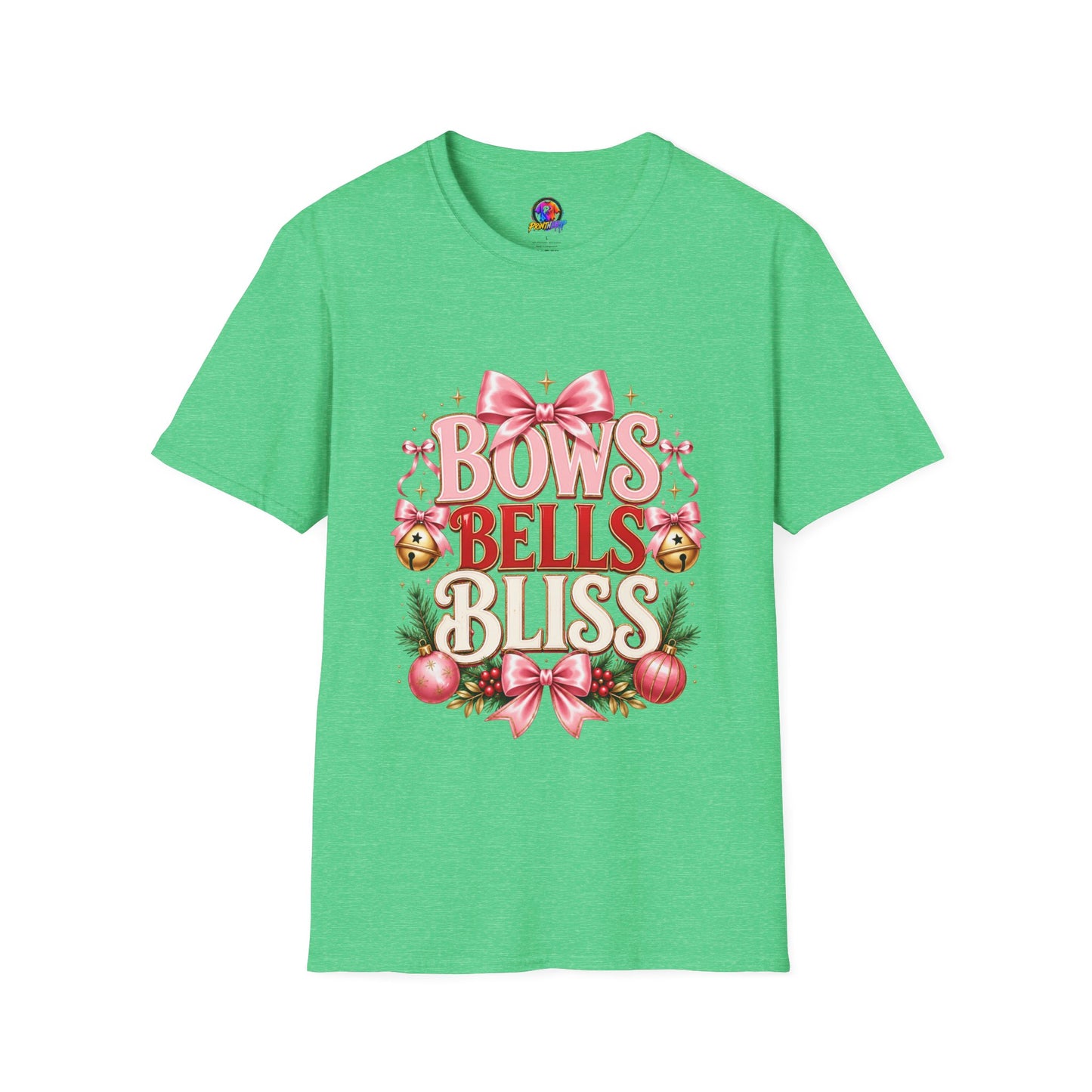 T-Shirt — "Bows Bells Bliss" Pink Holiday Graphic Tee