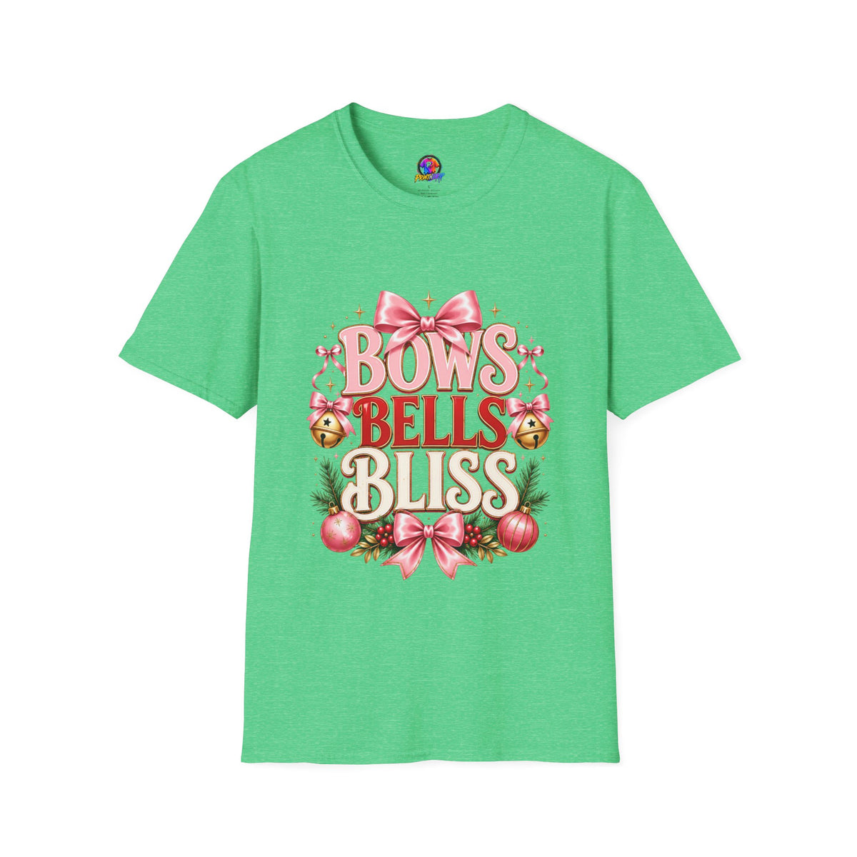 T-Shirt — "Bows Bells Bliss" Pink Holiday Graphic Tee