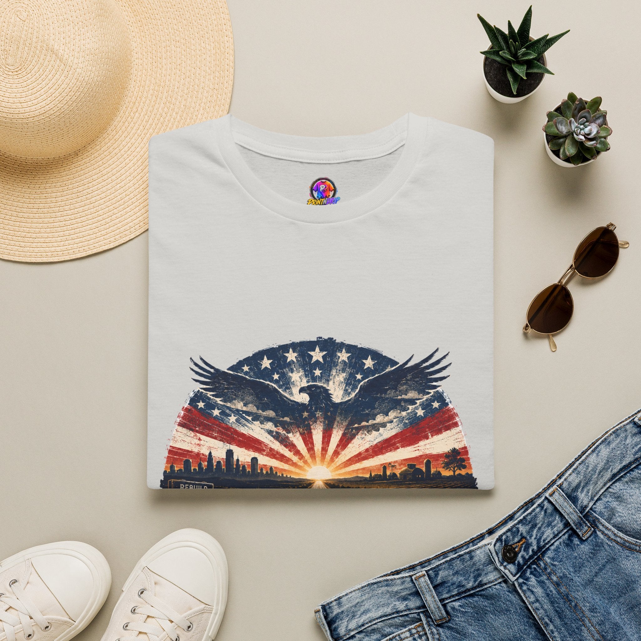 Patriotic Eagle T-Shirt — United States Skyline Vintage Flag Design