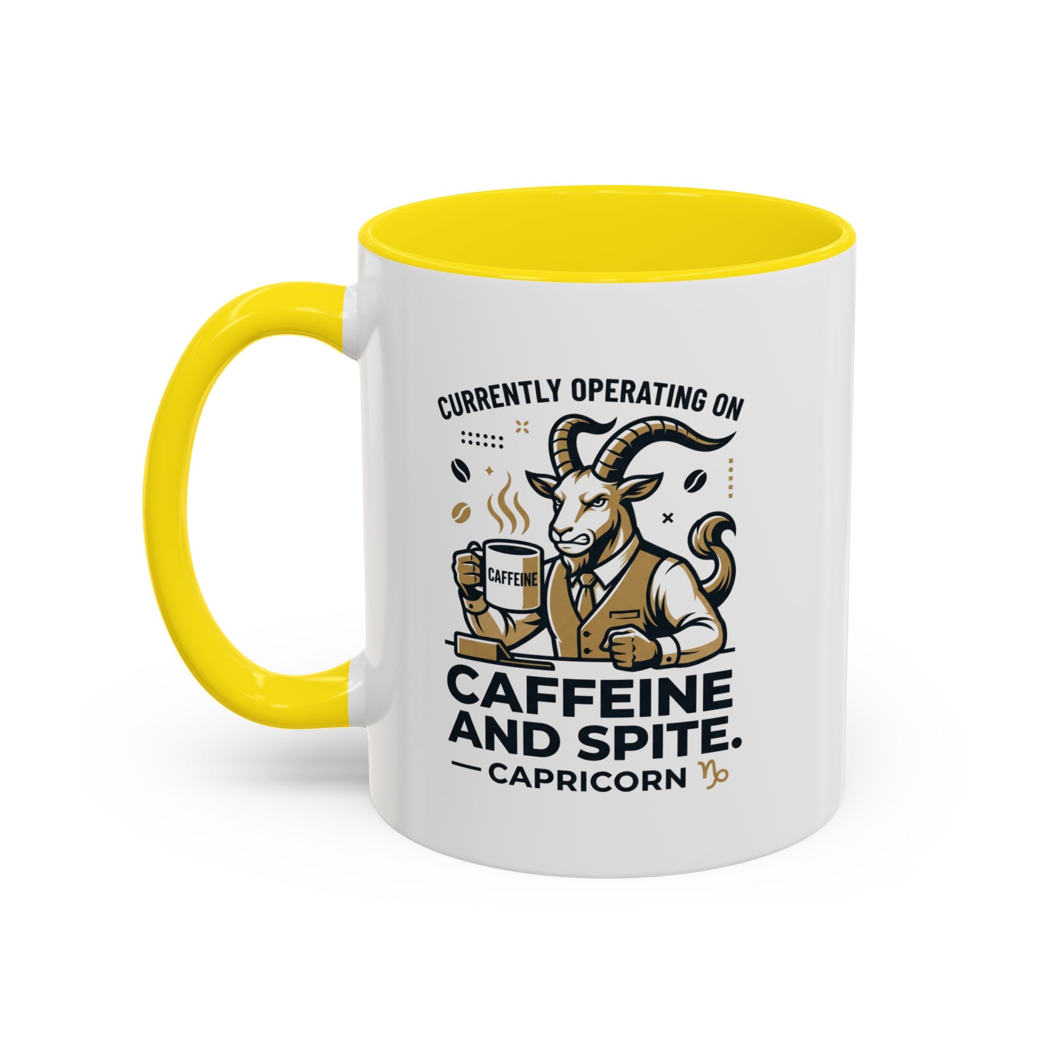 Capricorn Coffee Mug — “Currently Operating on Caffeine and Spite” Accent Mug (11/15oz)