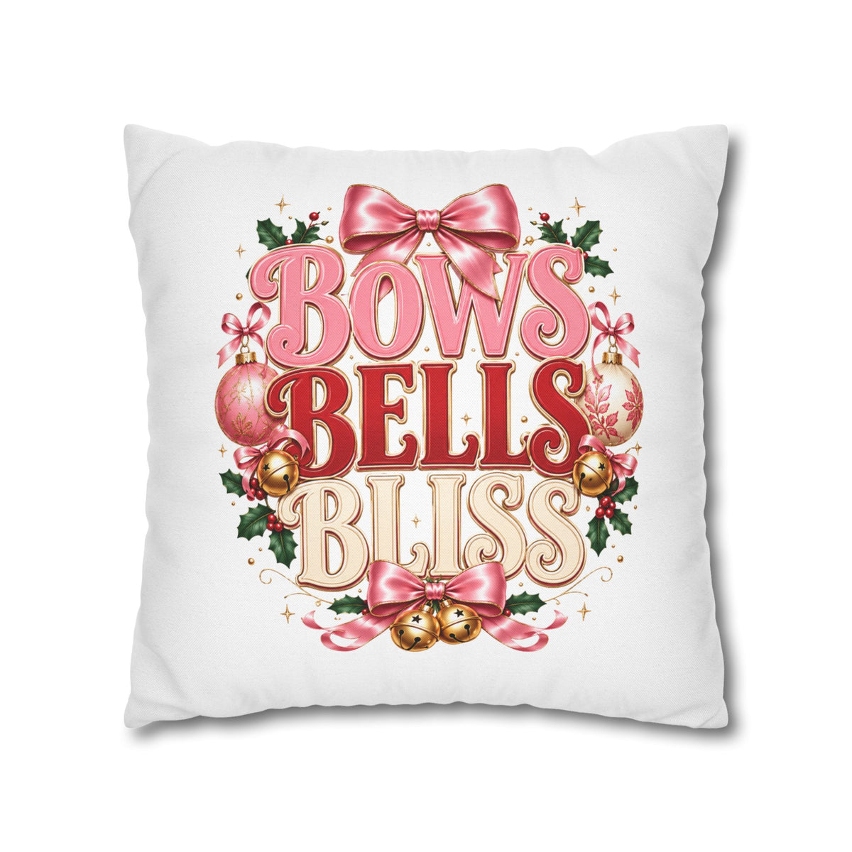 Christmas Decorative Pillowcase — "Bows Bells Bliss" Pink Holiday Throw Pillowcase