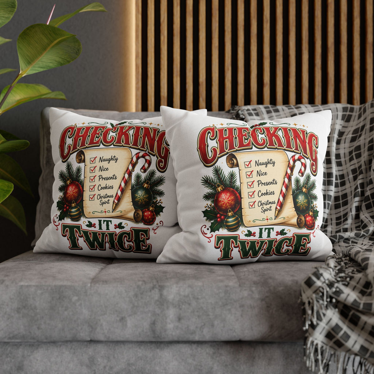 Checking It Twice Christmas Pillowcase — Festive Holiday Checklist Throw Pillow Cover