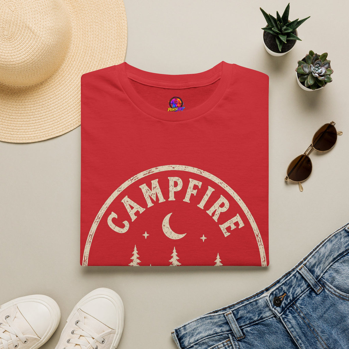 Campfire T-Shirt — 'Campfire After Dark' Vintage Moon & Trees Graphic