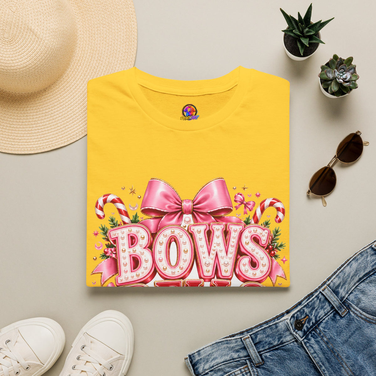 Bows Bells Bliss Christmas T‑Shirt — Pink Holiday Bow Graphic
