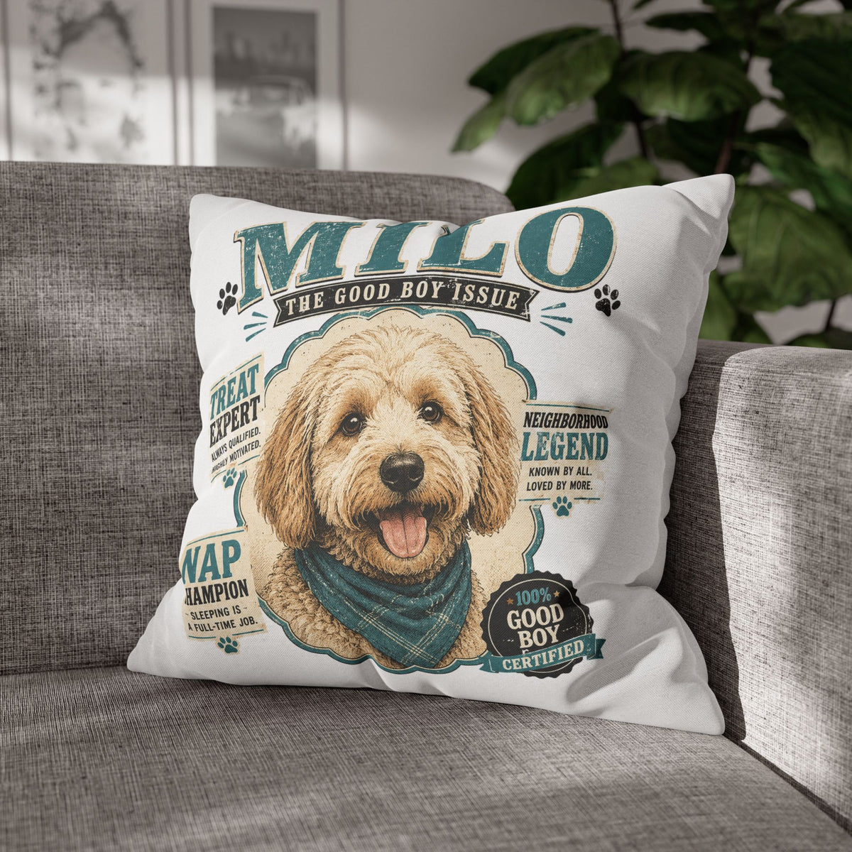 Milo 'The Good Boy Issue' Decorative Dog Pillowcase — Personalized Pet Name Cushion Cover Milo Bailey Dog Dad Mom