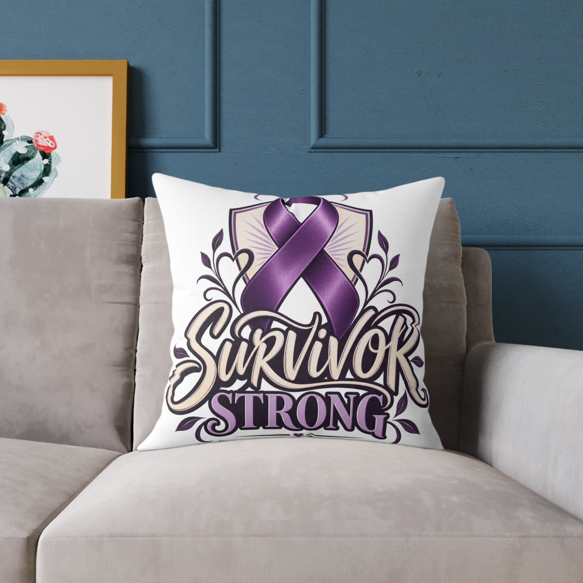 Survivor Strong Purple Ribbon Square Pillow — Domestic Violence Awareness Support Home Decor