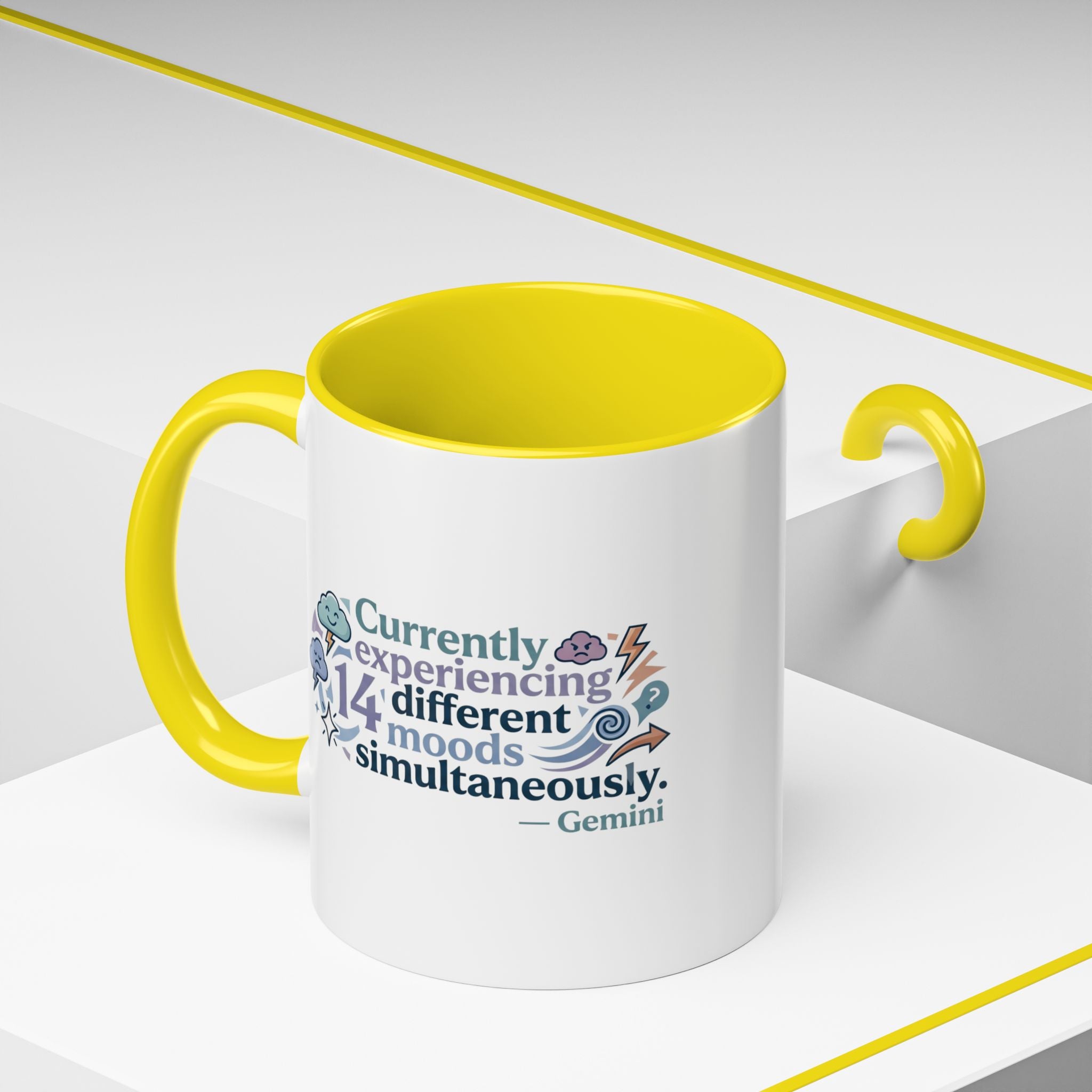 Gemini Mood Coffee Mug — "Currently Experiencing 14 Different Moods" Accent Ceramic Mug
