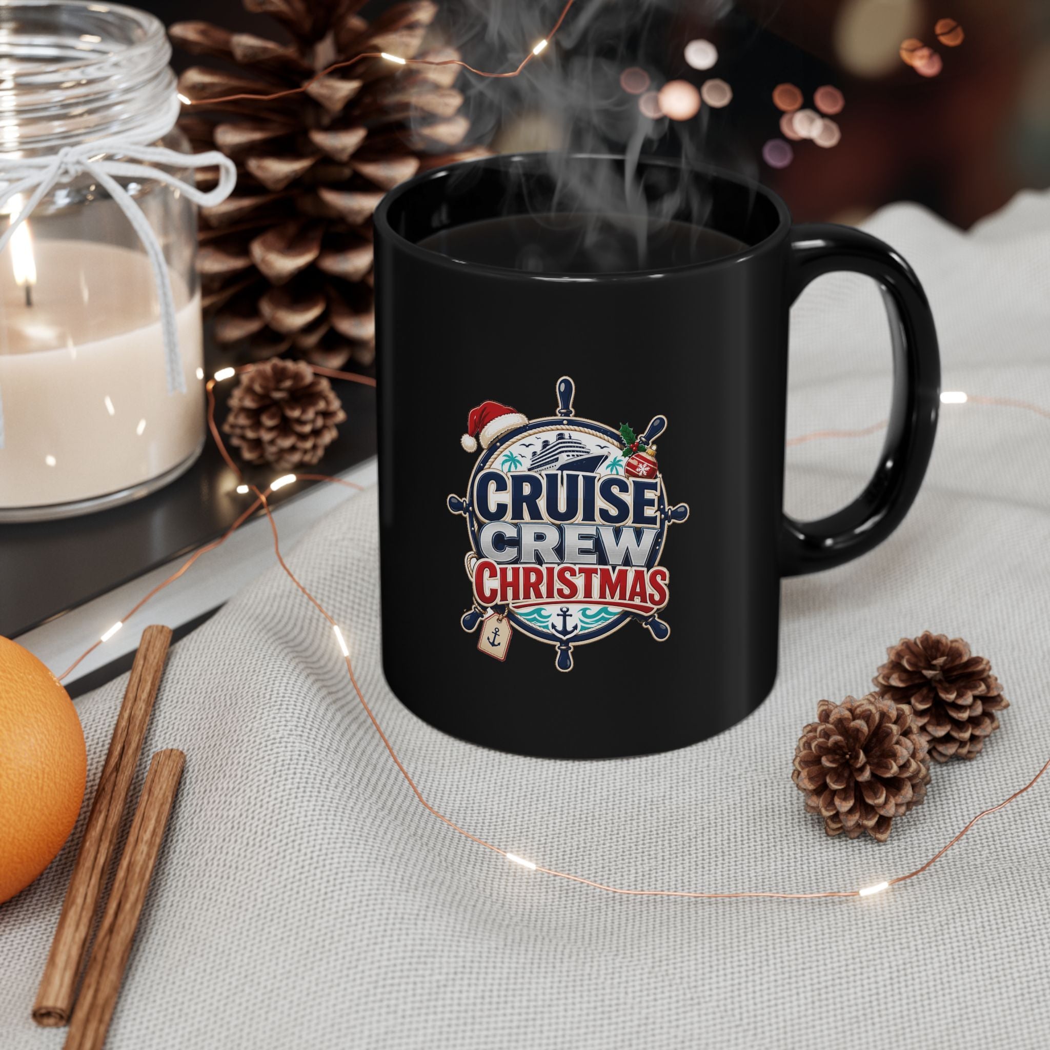 Modern Day Christmas Cruise Crew Christmas Black Mug — Holiday Nautical Coffee Cup