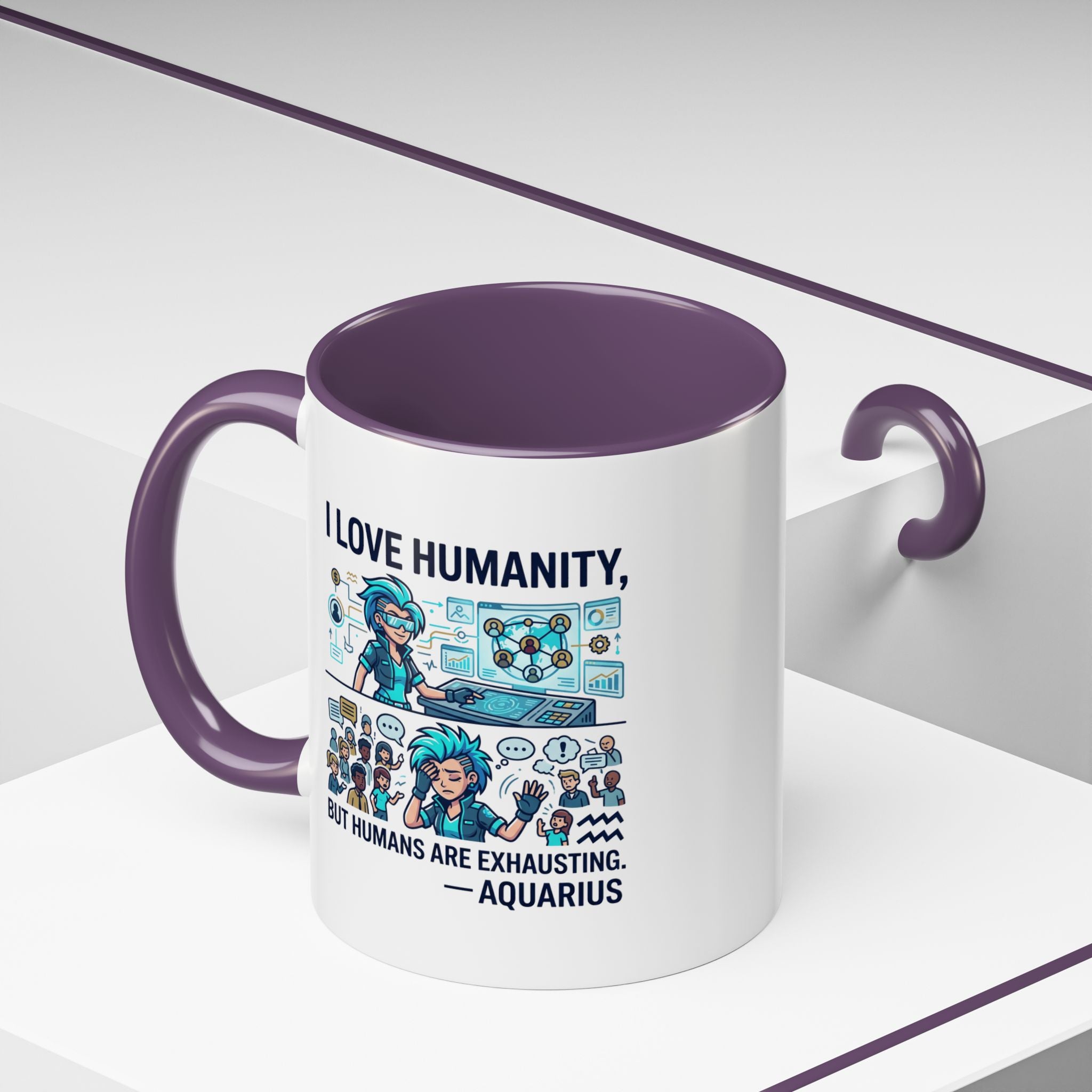 Aquarius Zodiac Coffee Mug — "I Love Humanity, But Humans Are Exhausting" Accent Mug