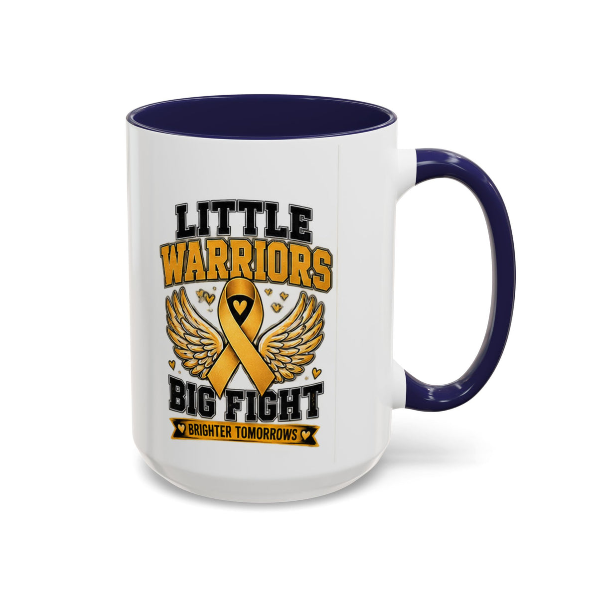 Little Warriors Big Fight Childhood Cancer Awareness Coffee Mug — Gold Ribbon Support Accent Mug