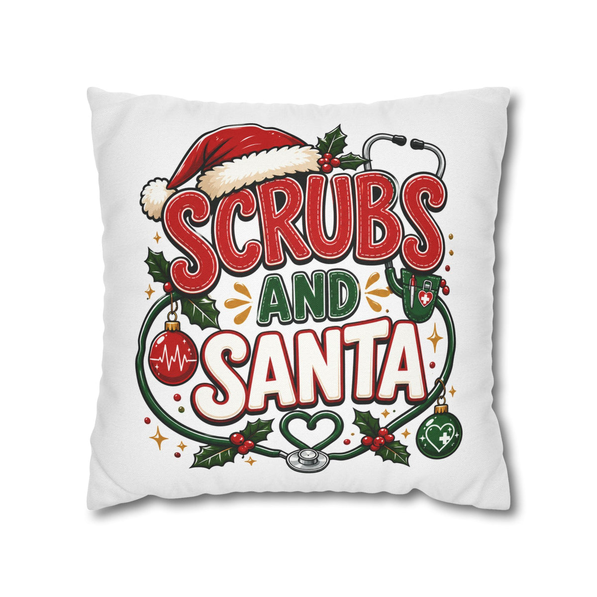 Christmas Scrubs and Santa Holiday Pillowcase – Christmas Nurse Decorative Throw Pillow Cover