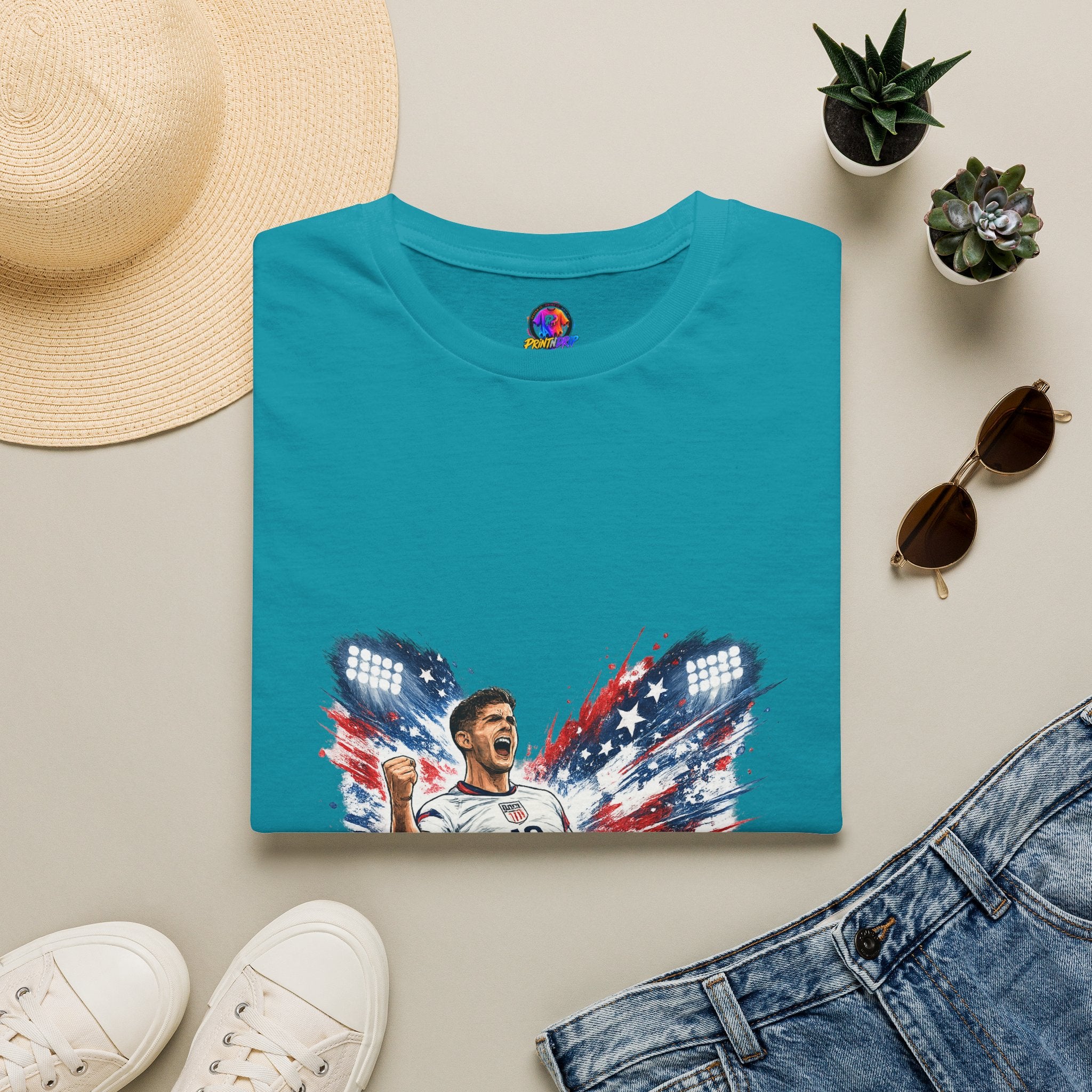 USA Soccer Player Flag T-Shirt — Patriotic Football Fan Tee