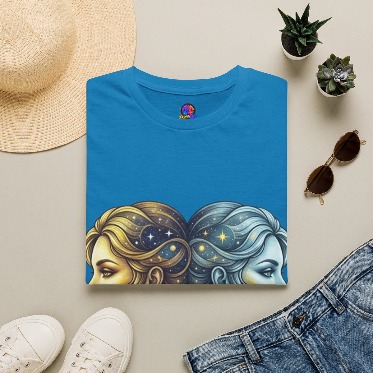 Zodiac Gemini Sun & Moon T-Shirt — Dual Faces Cosmic Design