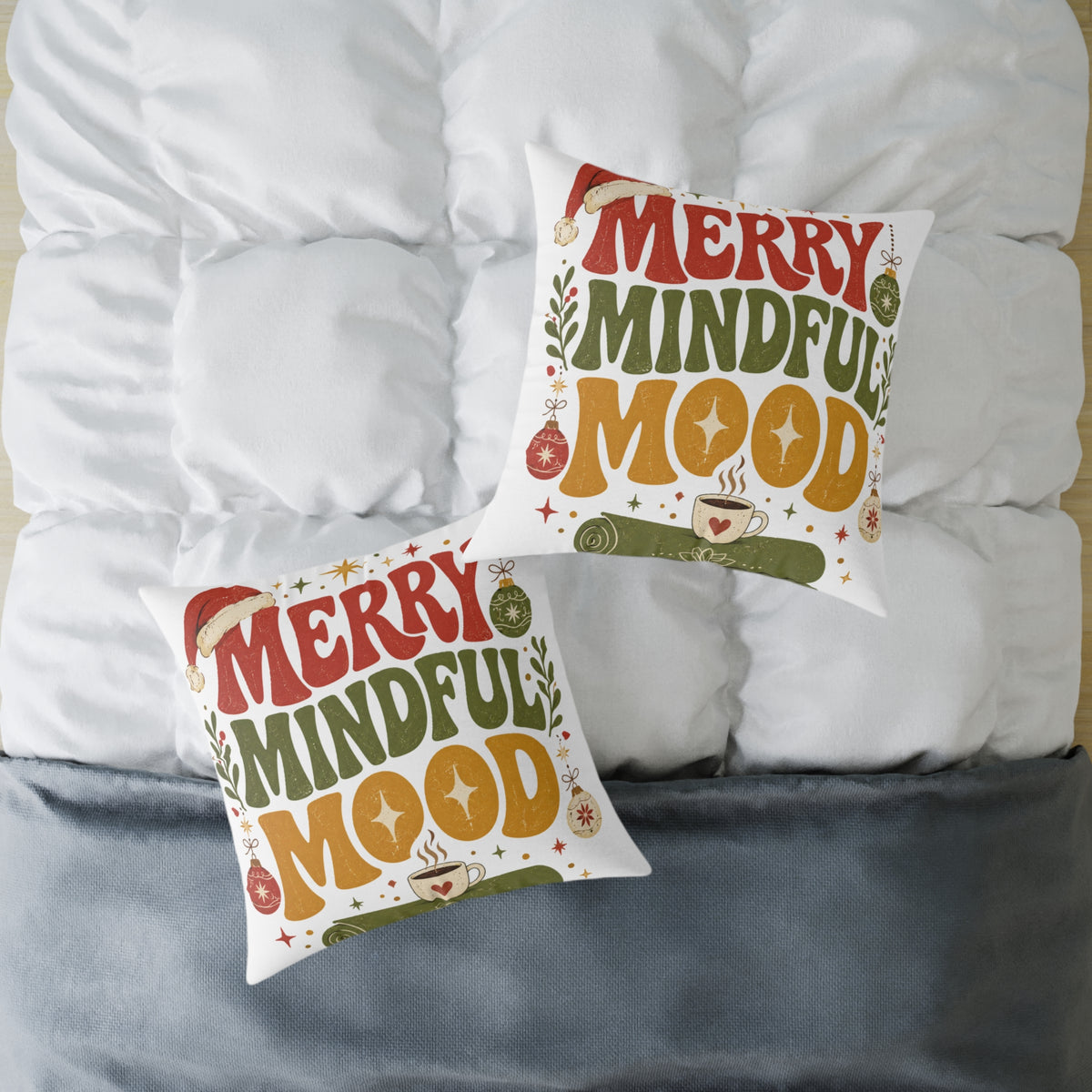 Merry Mindful Mood Holiday Modern Day Christmas Pillow — Festive Christmas Decorative Square Throw Cushion