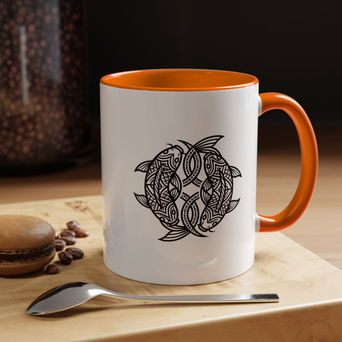 Pisces Zodiac Turtle Mandala Accent Coffee Mug – Black Interior & Handle, Intricate Tribal Sea Turtle Design